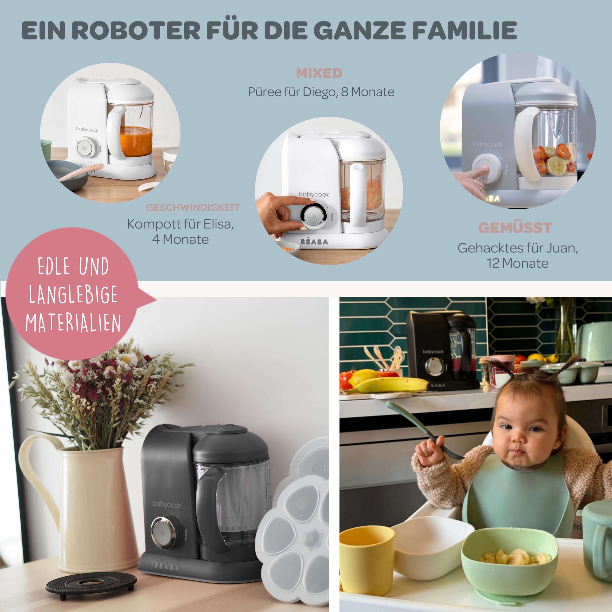 BÉABA Babycook Solo 4 in 1 Babynahrungszubereiter Dampfgarer Edelstahl Dunkelgrau