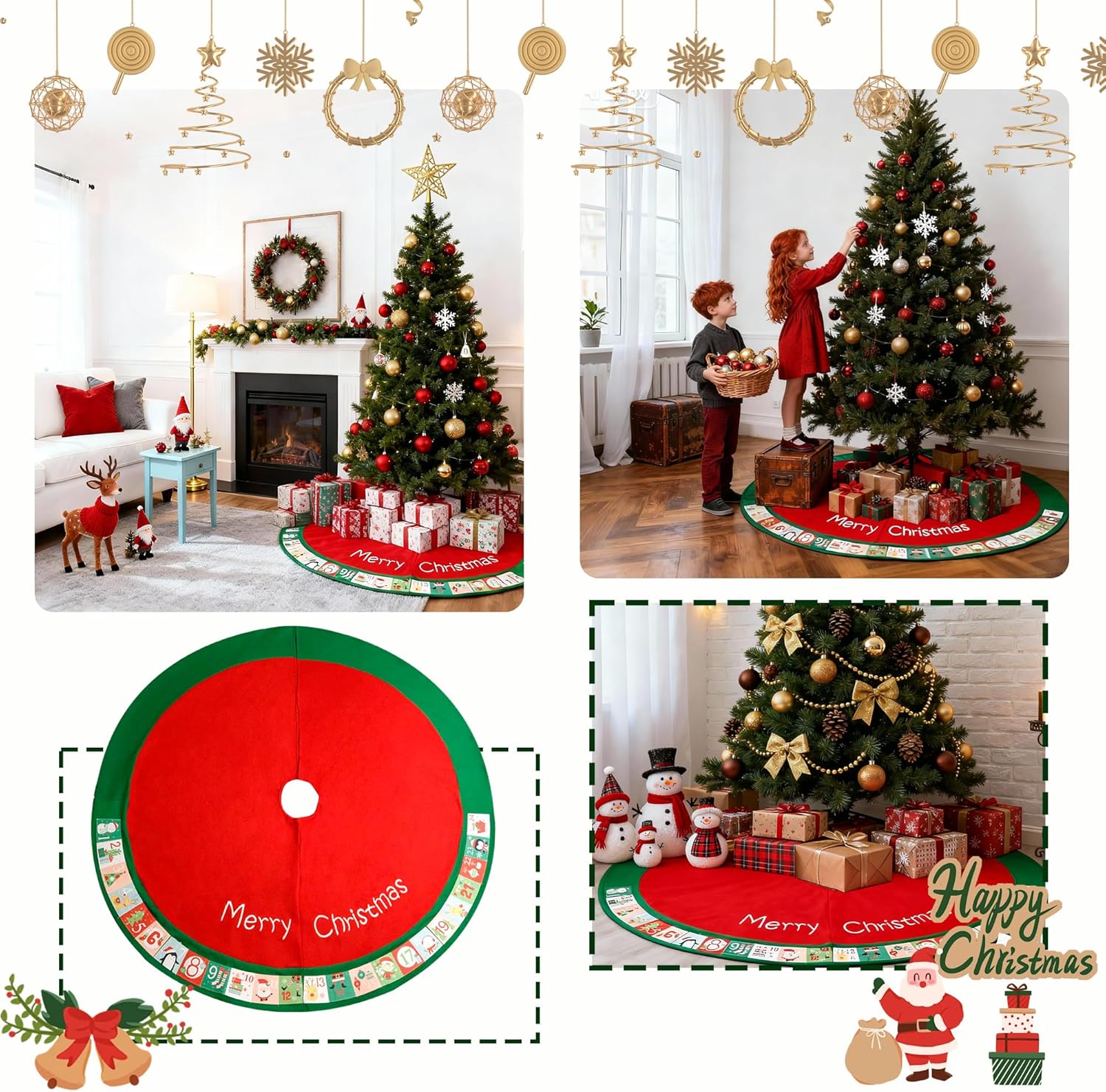 48in Christmas Tree Mat for Under Tree,Red Christmas Tree Skirt Decorations,Rustic Xmas Tree Mat Decorations for Winter New Year Holiday Party Decor Indoor Outdoor