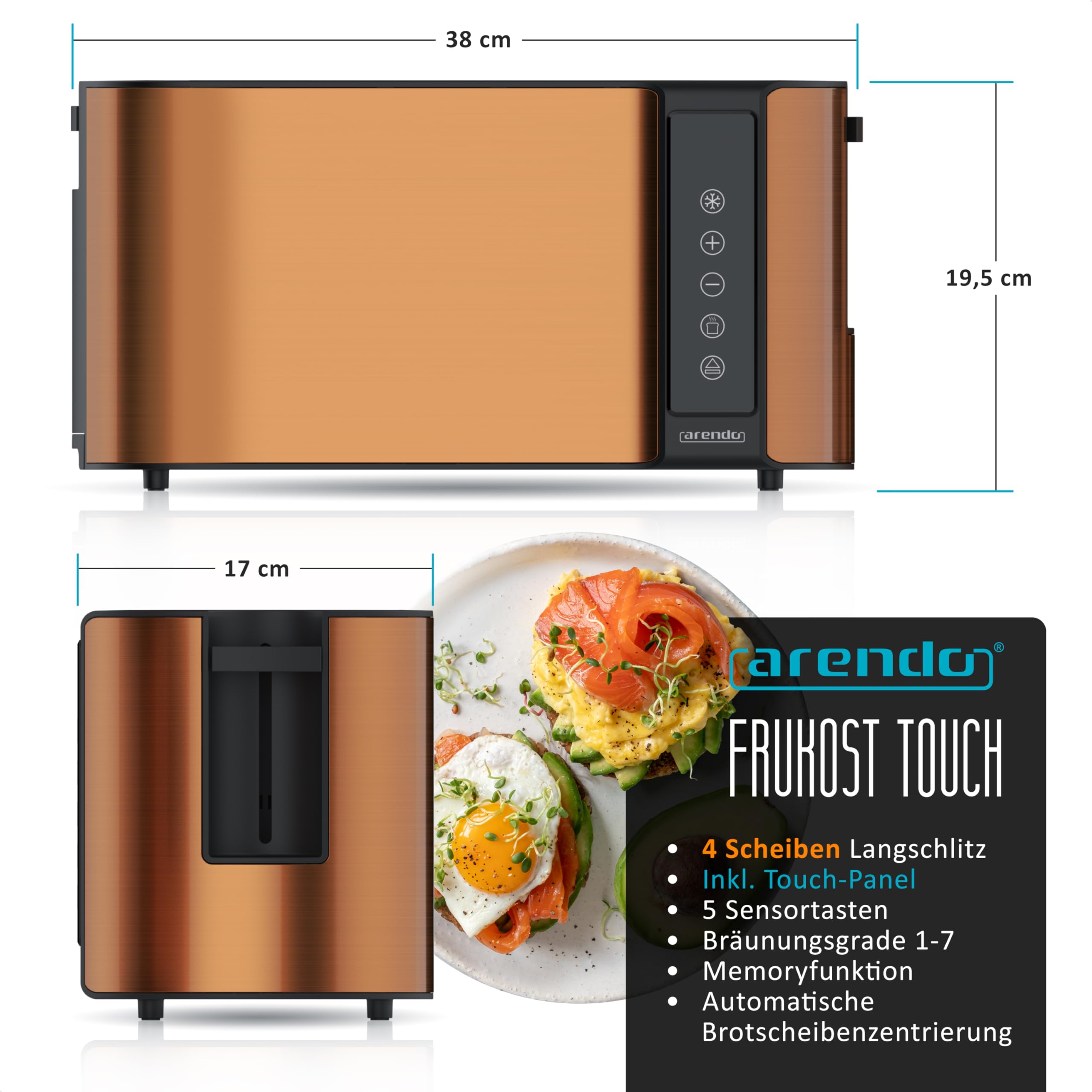 Arendo - Tostadora con ranura larga de acero inoxidable, 4 rebanadas, pantalla táctil, cuerpo de doble pared, rejilla integrada para rollos, 7 grados de bruñido, centrado del pan, visualización del