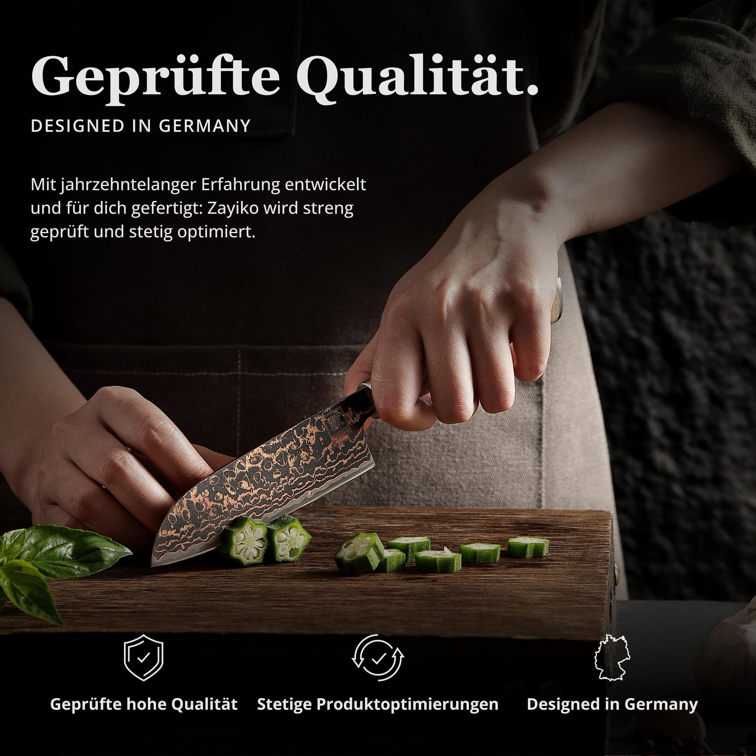 zayiko BlackMagma Damastmesser Santoku 12 cm, Damaststahl, Ahornholzgriff | 33 Lagen mit VG10 Stahlkern, Kupfer-Bronze-Einlage, dunkles Klingenfinish, 15° V-Schliff beidseitig, 60 ± 2 HRC, Geschenkbox.