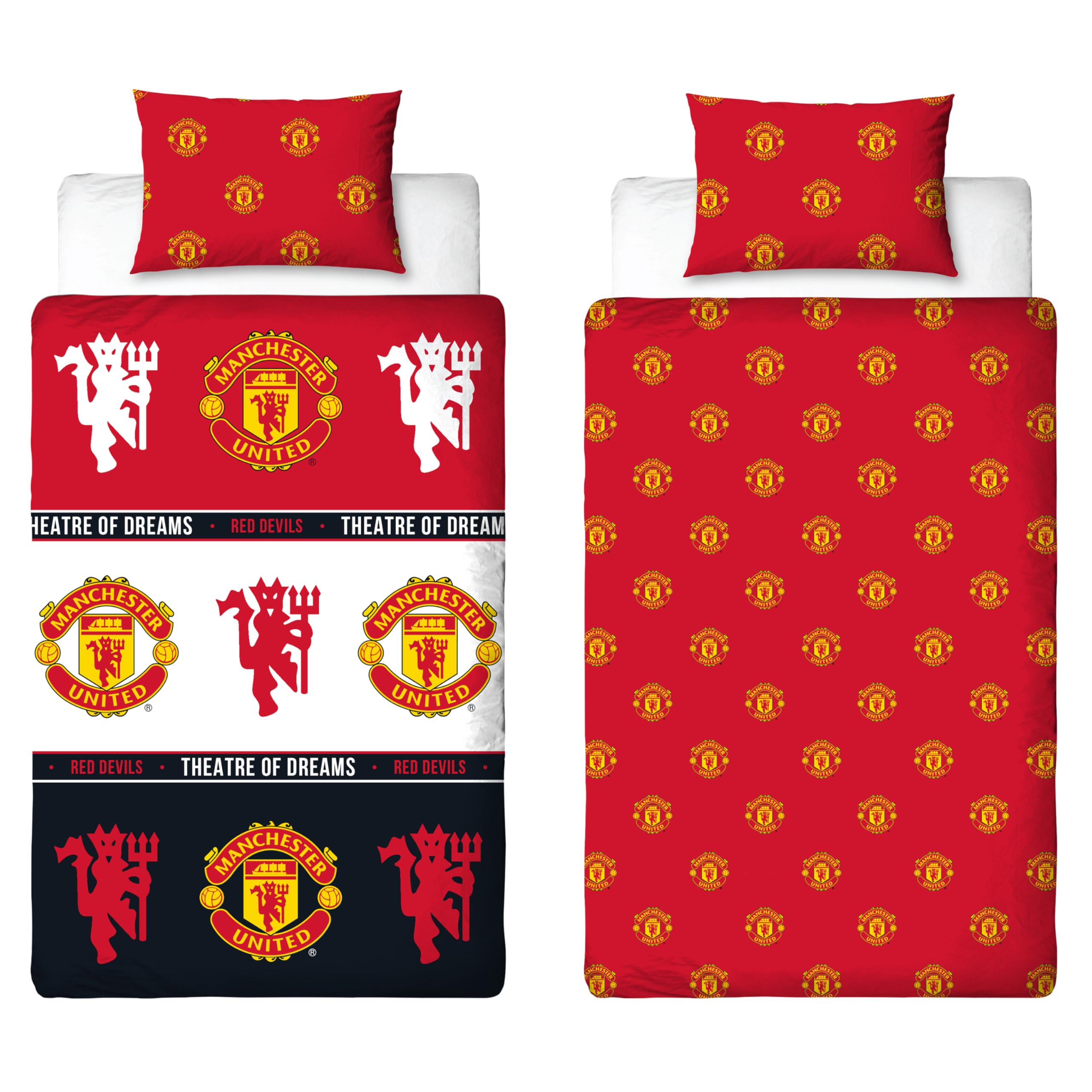 MANCHESTER UNITED FC Official Single Duvet Cover Set, Patch Design, Red Reversible 2 Sided Football Bedding Cover Official Merchandise Including Matching Pillow Case