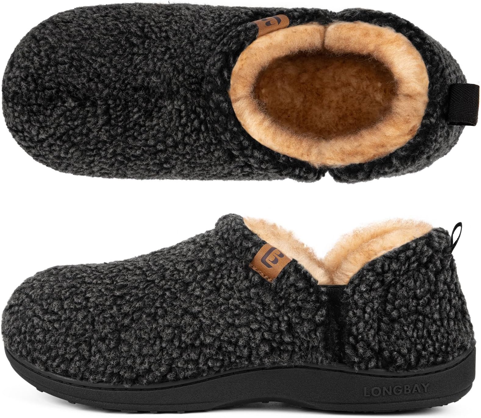 LongBayMen's Fuzzy Slippers Comfy Memory Foam House Shoes Slip-On Warm Winter Indoor Outdoor with Elastic Gores