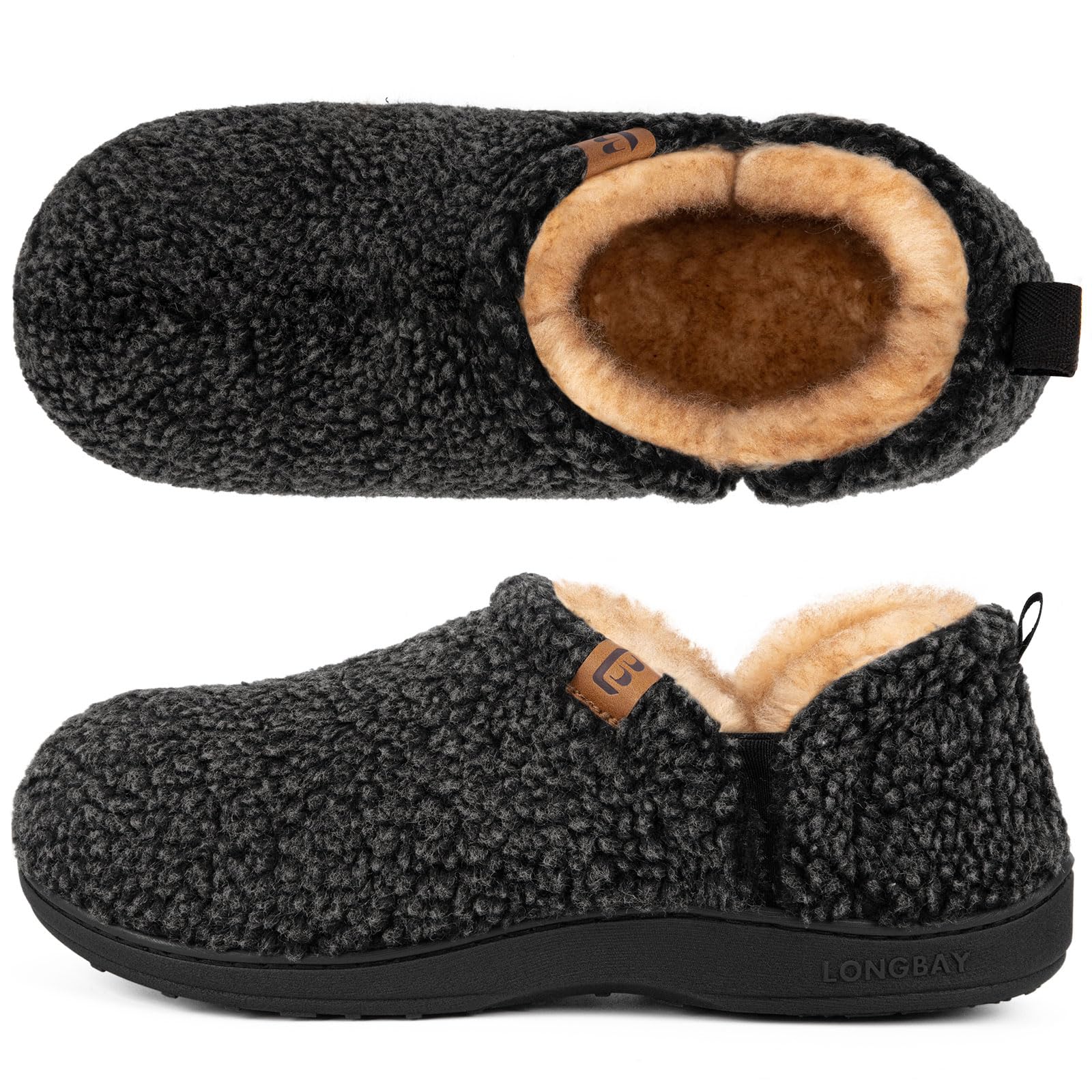 LongBayMen's Fuzzy Slippers Comfy Memory Foam House Shoes Slip-On Warm Winter Indoor Outdoor with Elastic Gores