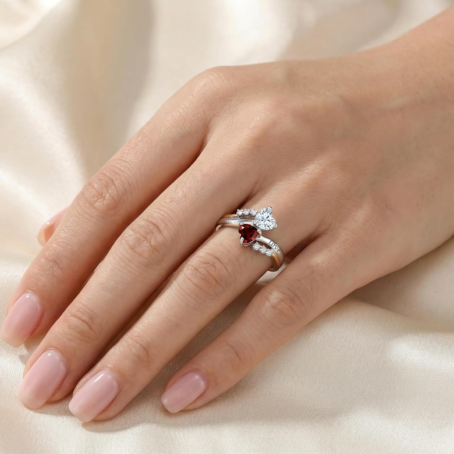 Personalized Heart Birthstones Mom Promise Ring for Women Custom Solid 10K 14K 18K White Gold Engraved Names Engagement Rings for Her Wife Wedding Anniversary Birthday Gift US Size 4-15