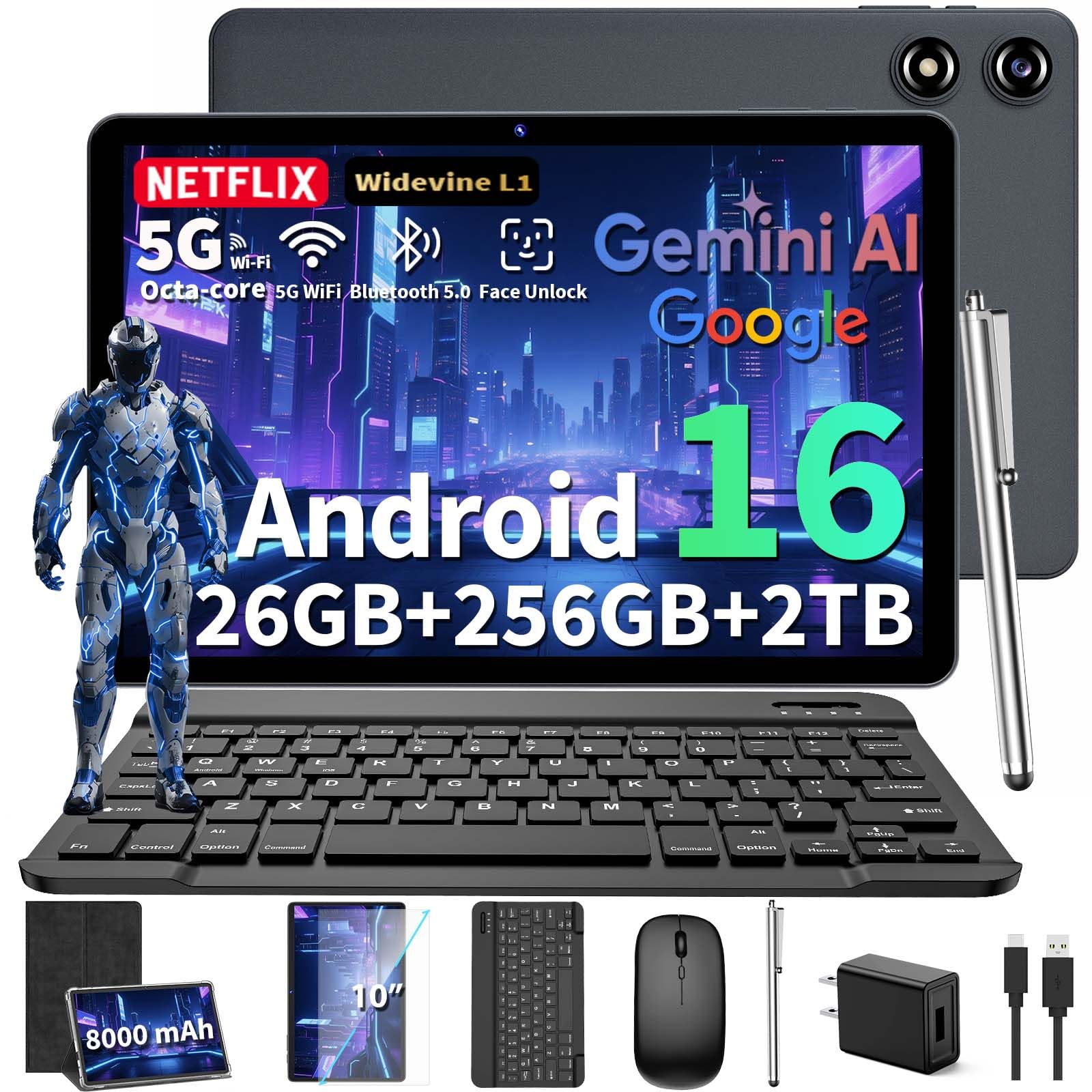 Android 16 Tablet 10 inch - AI Tablet with 26GB+256GB+2TB Expand, Gemini AI