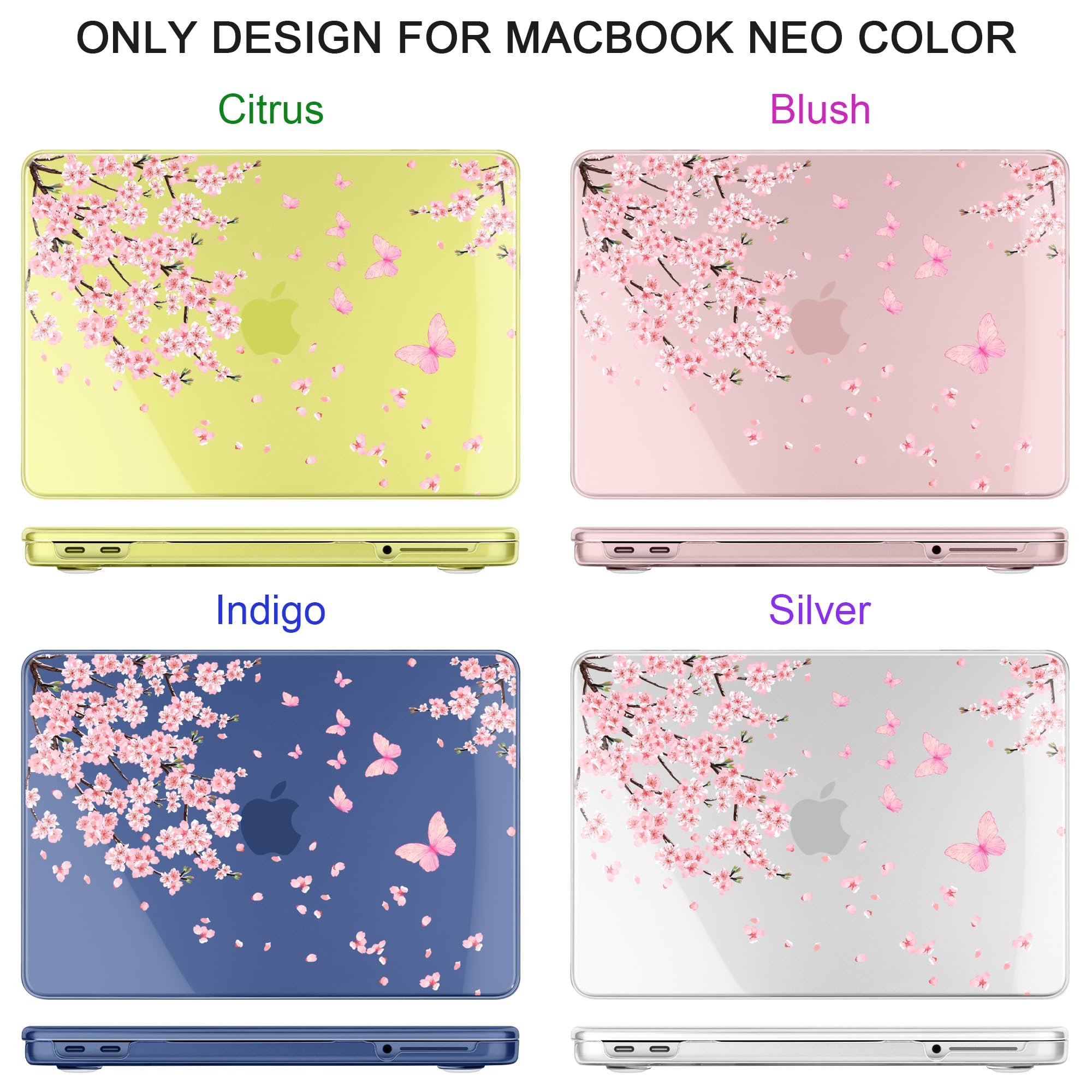 MEEgoodo Custodia stampata per MacBook Neo 13" versione 2026 (adatta al modello A3404), custodie rigide per laptop con skin per tastiera, protezione schermo e cover per webcam, fiori di ciliegio