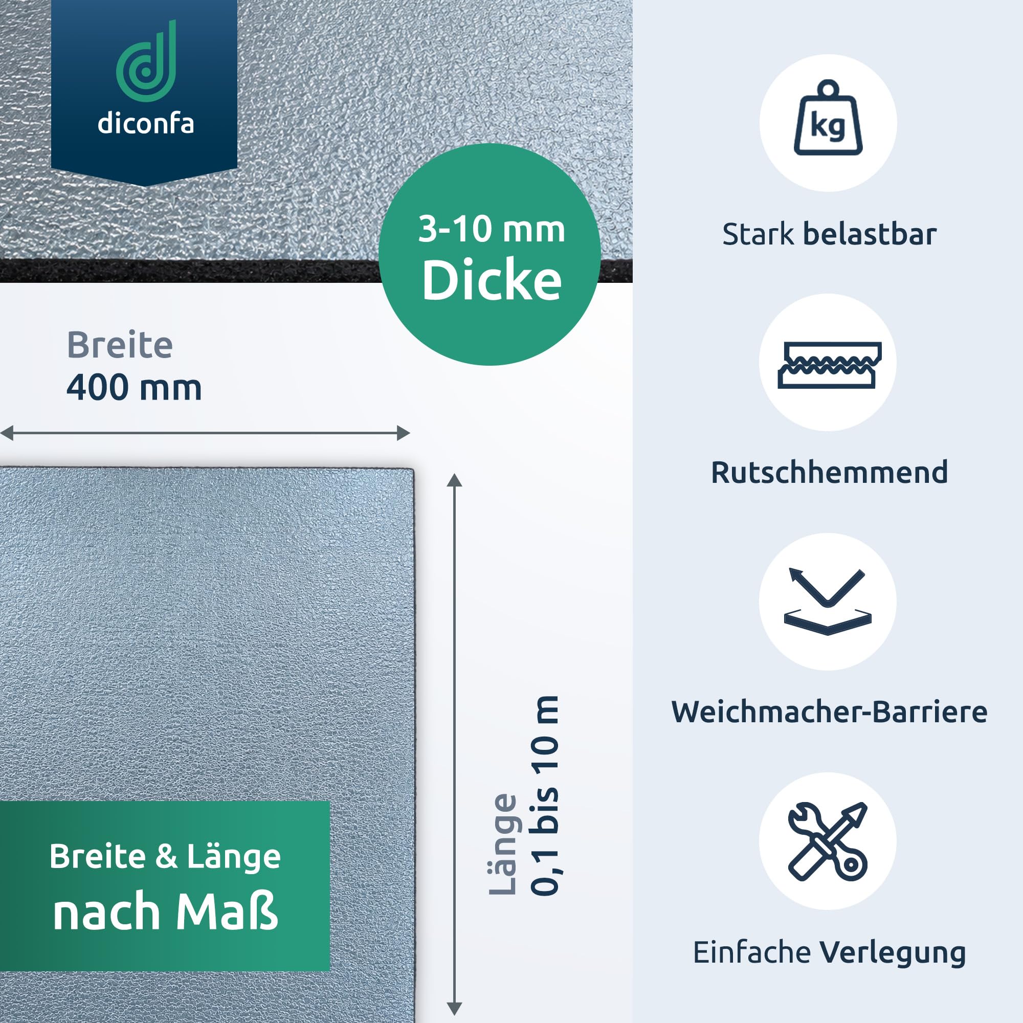 diconfa Bautenschutzmatte 400mm 40cm 0,4m BREIT, 4900mm LANG, 8mm DICK | Granulat Gummimatte Regenerat - 3 bis 20mm DICK - 0,05 bis 10m LANG - Mehr BREITEN 0,1 bis 1,5m - 40cm x 490cm, 8 mm STARK
