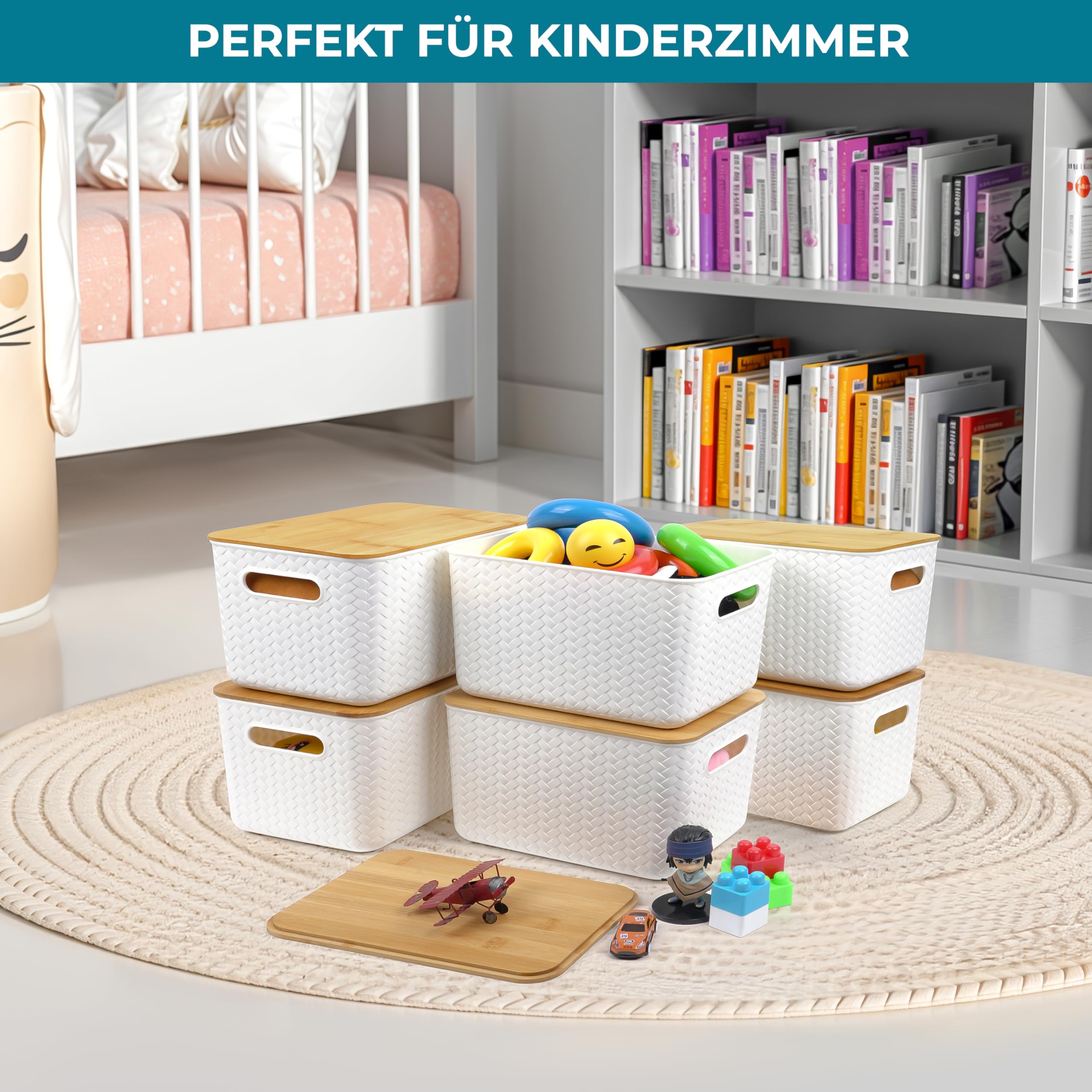 Winter Shore Große Aufbewahrungsbox mit Deckel aus Bambus (4er-Pack) | Stapelboxen, Kunststoffbox mit Deckel für Schreibtisch & Büro - Strapazierfähige Plastikboxen