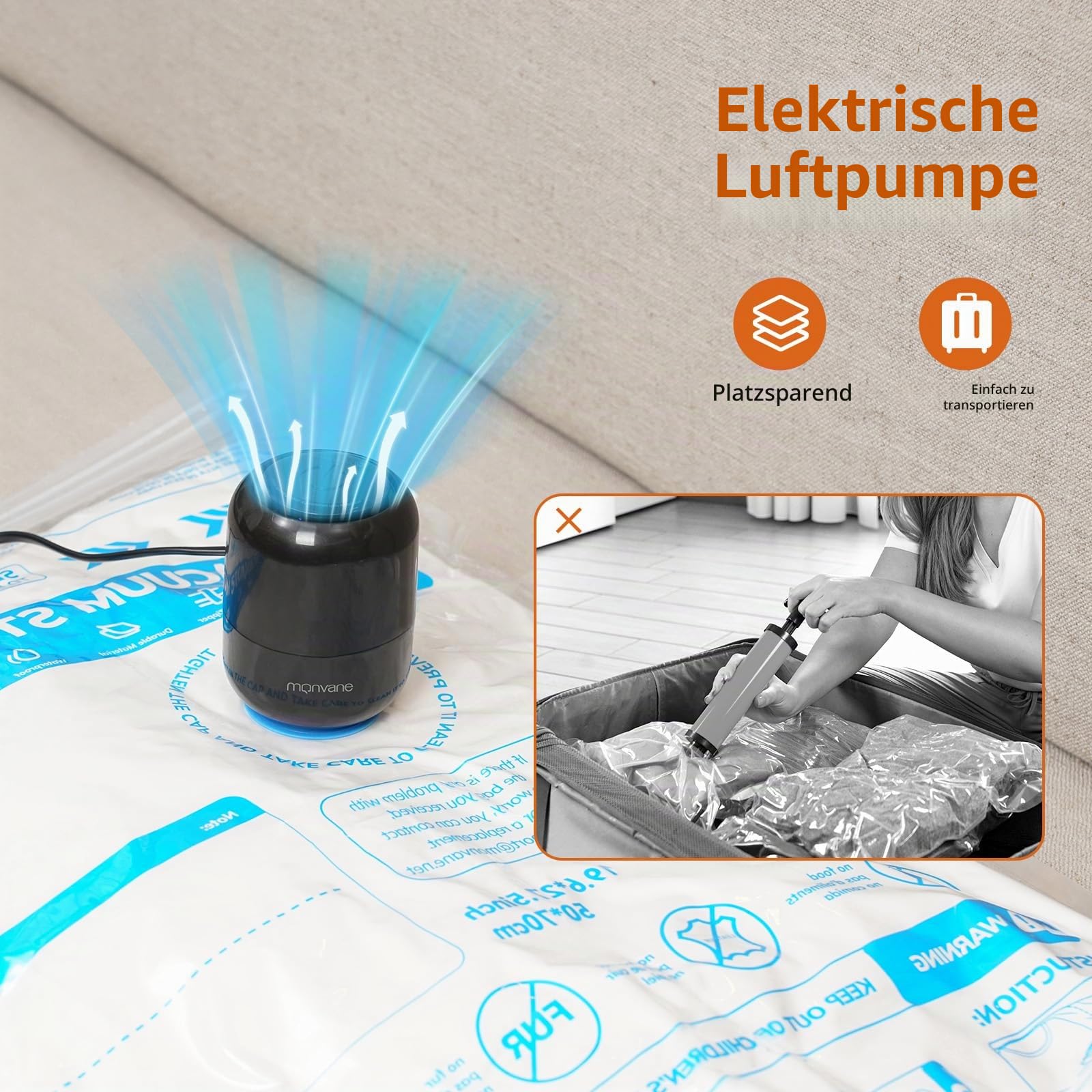 Vakuumbeutel für Kleidung mit elektrischer Pumpe, MONVANE Vakuum Bags 12 Stück（3*80*100cm + 3*60*80cm + 3*50*70cm + 3*40*60cm)— Vakuumbeutel für Reisen, Bettdecken, Decken, Kissen, Bettwäsche