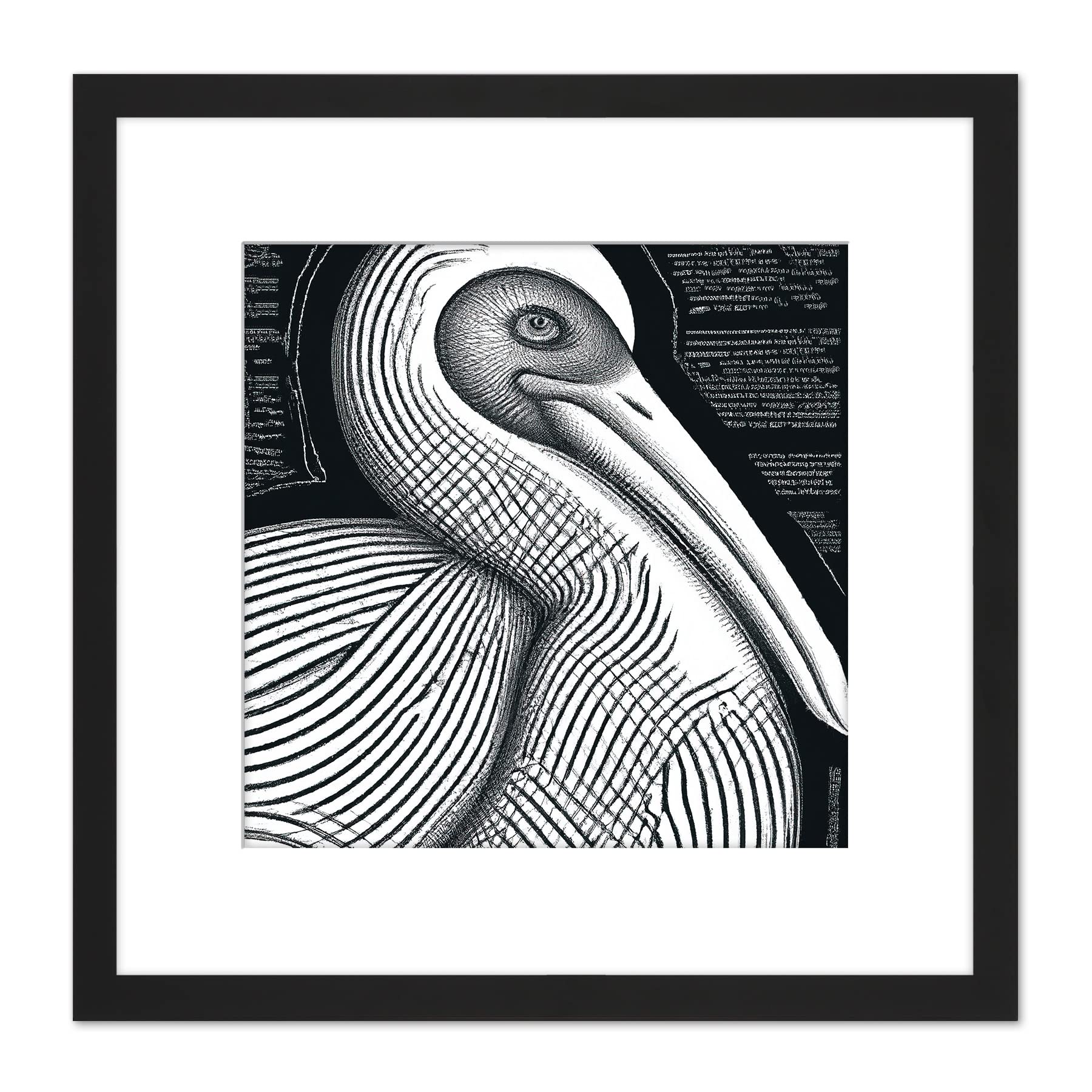 Artery8 Monochrome Pelican Bird Black White Charcoal Drawing Square Wooden Framed Wall Art Print Picture 8X8 Inch