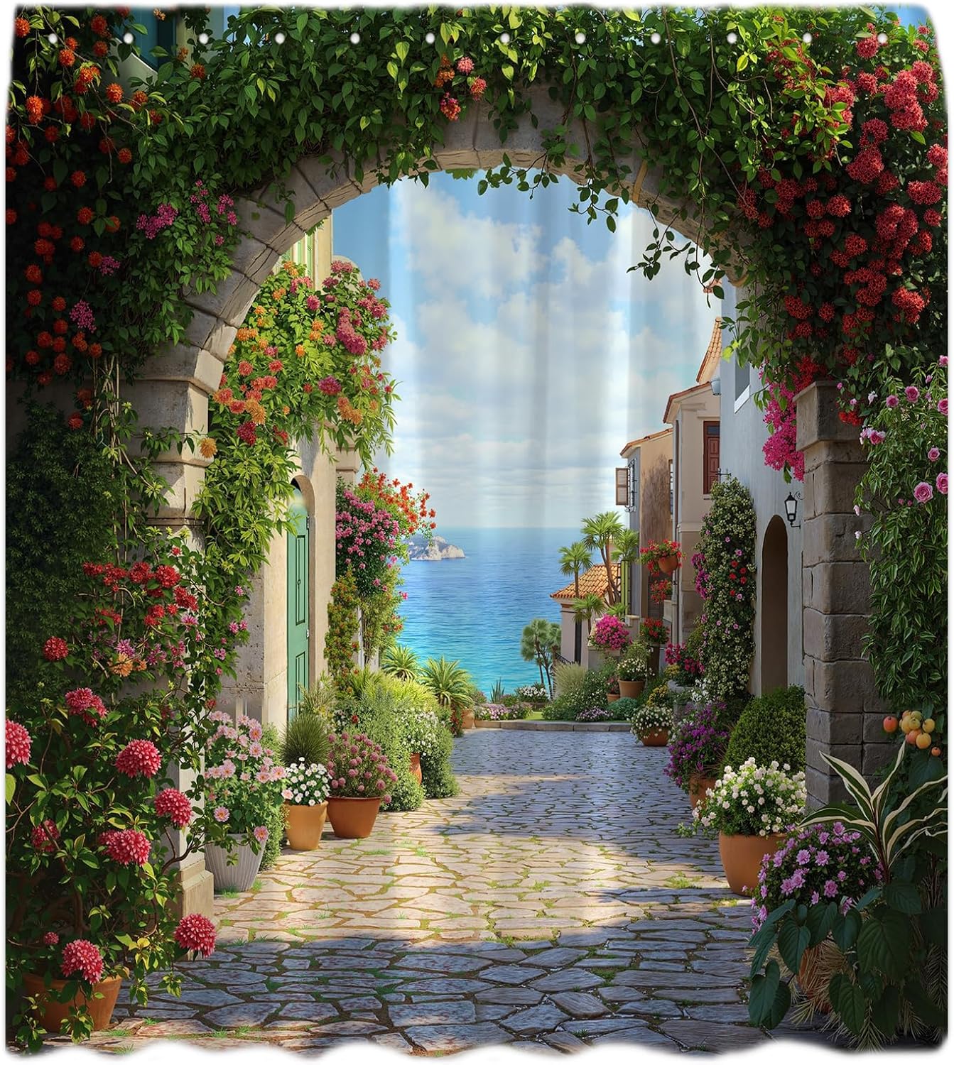 Italian Coastal Shower Curtain Ocean Mediterranean Old Street Scenery Flower Plant Vintage European City Rural Sea Nature Rustic Bath Decor Curtain with Hooks, 70x78 Inch