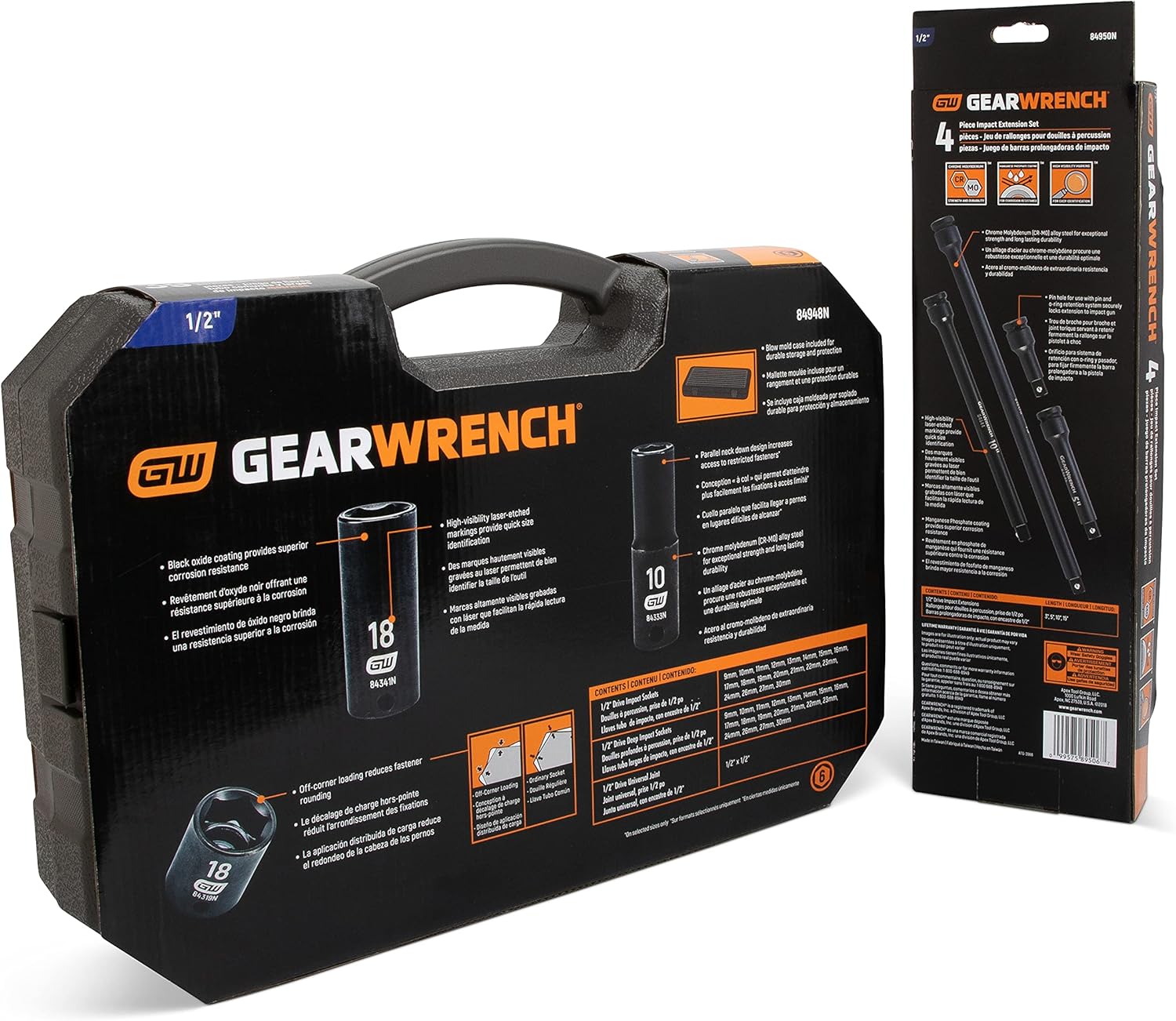 GEARWRENCH 39 Pc. 1/2" Drive 6 Pt. Impact Socket Set, Standard & Deep, Metric - 84948N 4 Pc. 1/2" Drive Impact Extension Set 3", 5", 10" & 15" - 84950N
