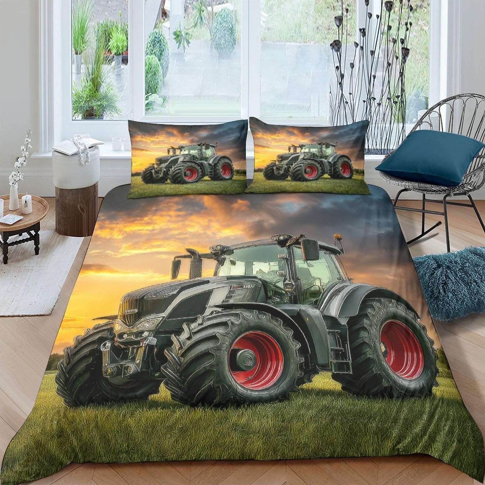 Ctjqhvkz Style-10 3D Printed Sunset Tractor Fitted Sheet Microfiber Soft Anti-Slip Farm Landscape Mattress Cover Bedroom Decor Single（135X200cm）