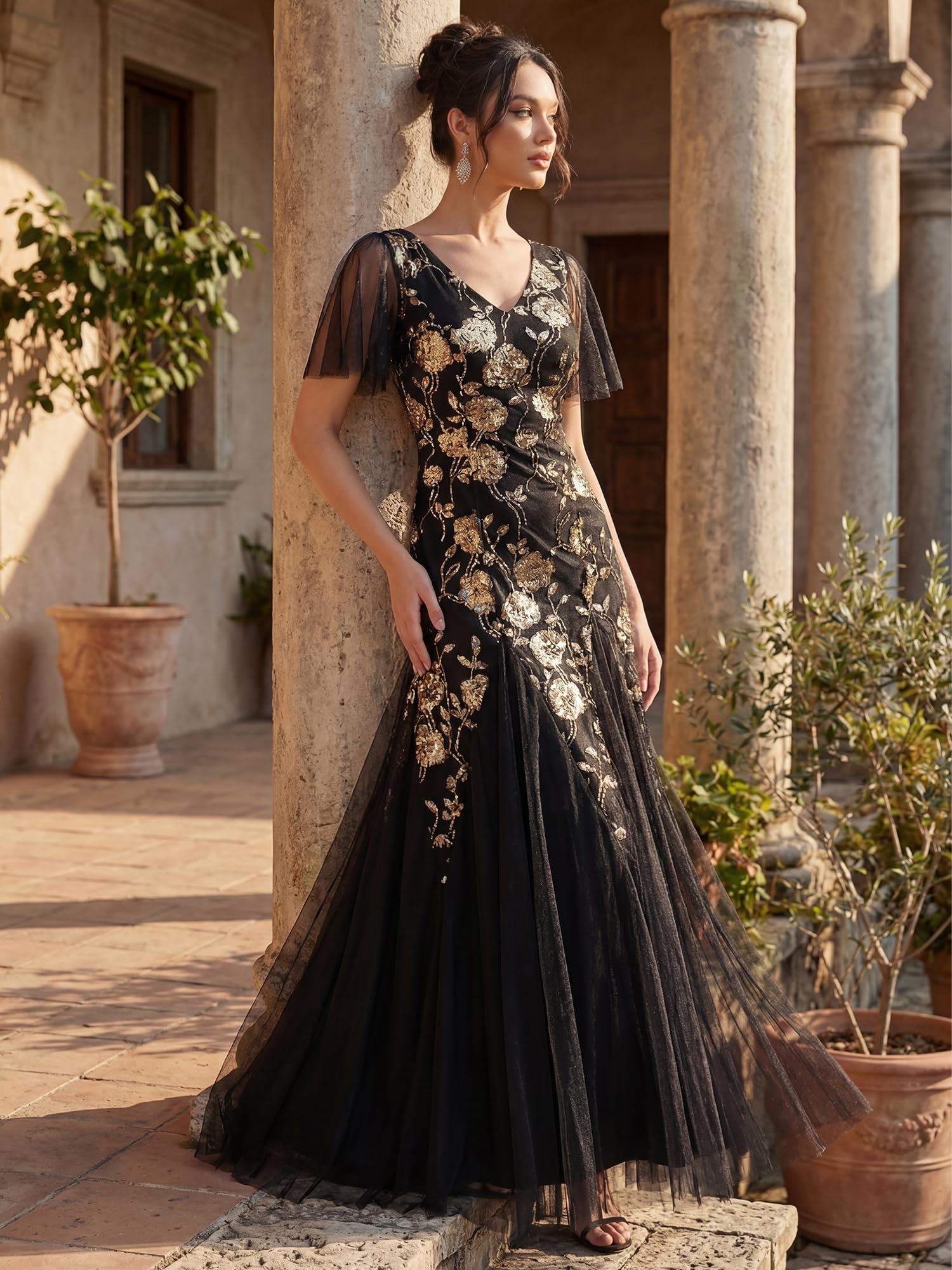 Ever-Pretty Ballkleider Damen Lang Pailletten Abendkleid Elegant für Hochzeit Silvester EE02665