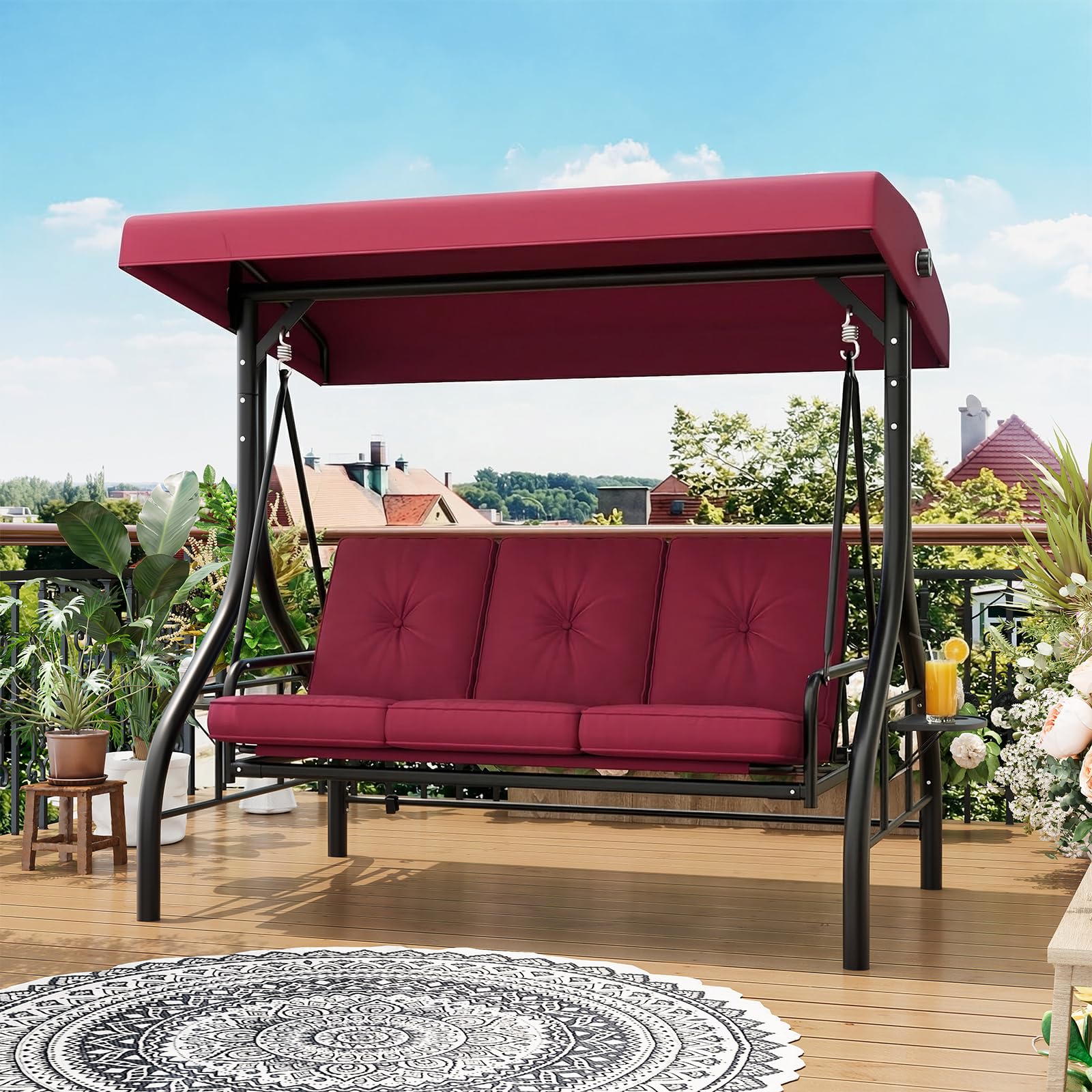 Photo 1 of GarveeLife 3-Seat Outdoor Porch Swing with Adjustable Canopy, Convertible Patio Swing Bed with Stand, Thick Cushions & Cup Holders, Weather-Resistant for Backyard, Garden, Porch - Red