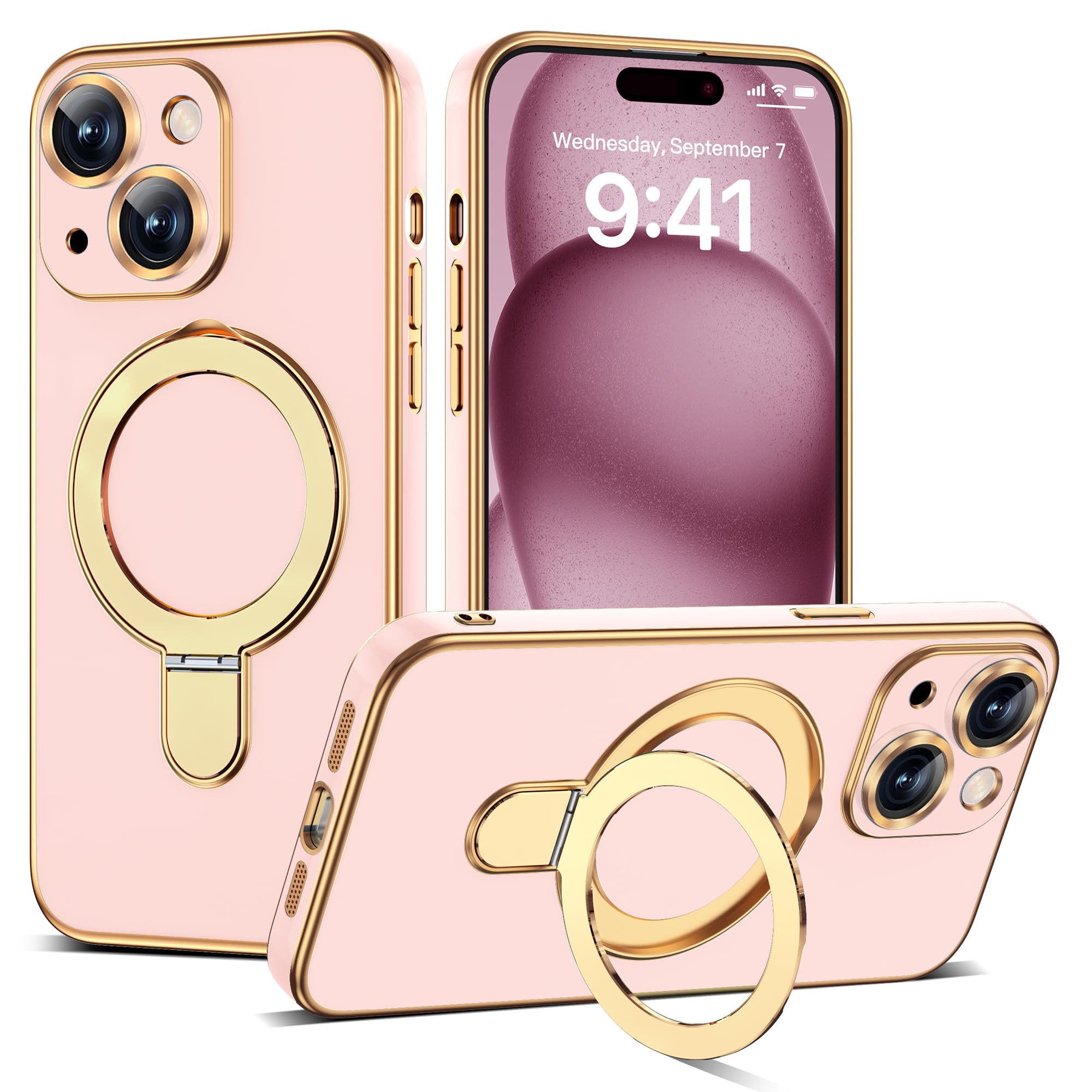 Plating Phone Case for iPhone 15 Plus with Stand 6.7", Solid Pink