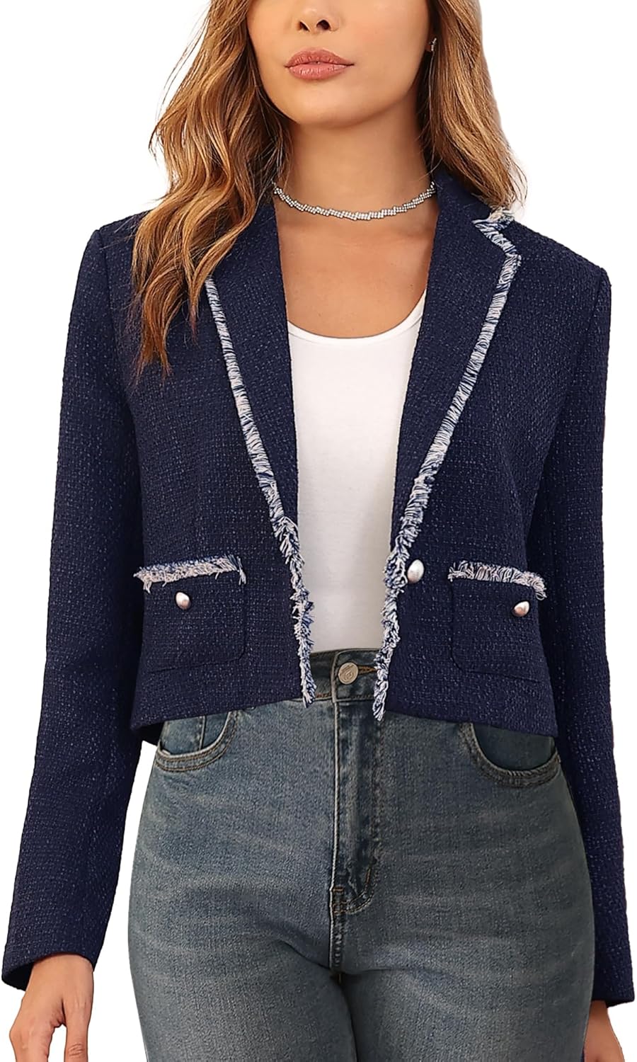 M.Infisavo Women’s Cropped Tweed Jacket Blazer with Pockets Long Sleeve Open Front Notch Lapel Cardigan Elegant for Casual