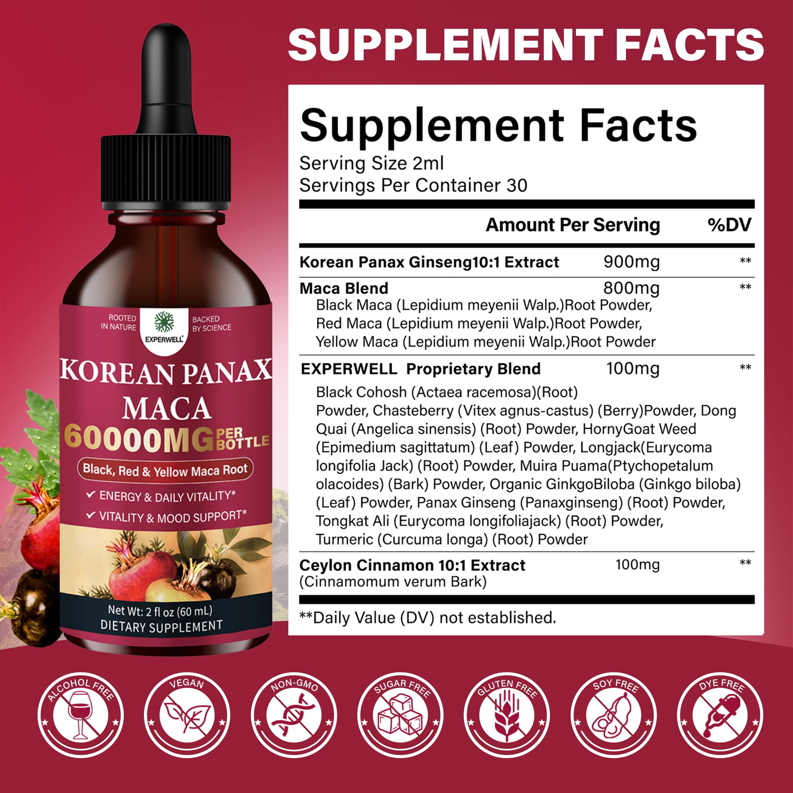 Korean Panax Ginseng Liquid,Red Ginseng & Maca Root (Black, Red, Yellow) 10:1 Extract – Supports Energy, Focus, Performance & Immune Health – Vegan, Alcohol-Free (2 Fl Oz(Pack of 1) — Amazon image 3