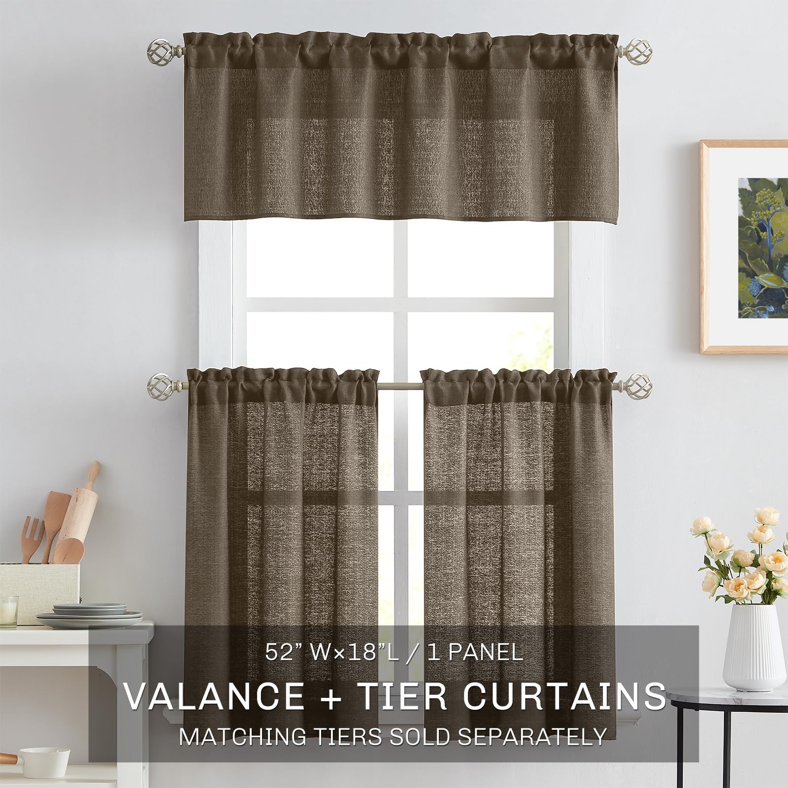 Snapklik.com : Melodieux Brown Semi Sheer Curtain Valance For Kitchen
