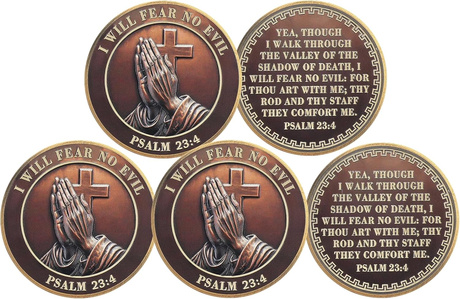Praying Hands Christian Challenge Coin with Psalm 23:4， "I Will Fear No Evil" Faith Over Fear Token, Inspirational Religious Gifts for Men Women Baptism Military (5 PCS)