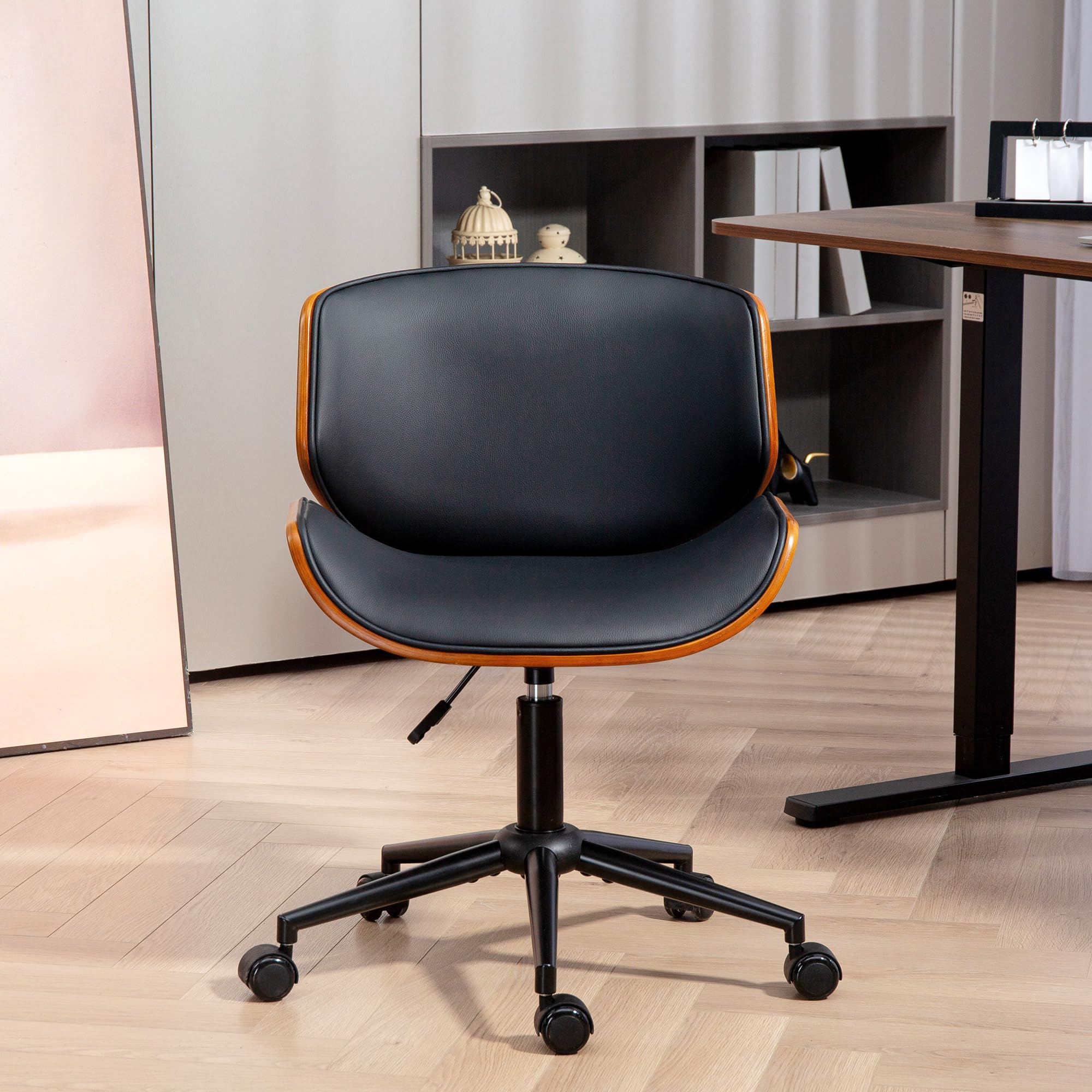 HOMCOM Silla de Oficina sin Brazos Vintage Giratoria Negro y Marrón | Silla de Escritorio, Tapizada en PU, Madera Curvada, Altura Ajustable, Respaldo Curvado