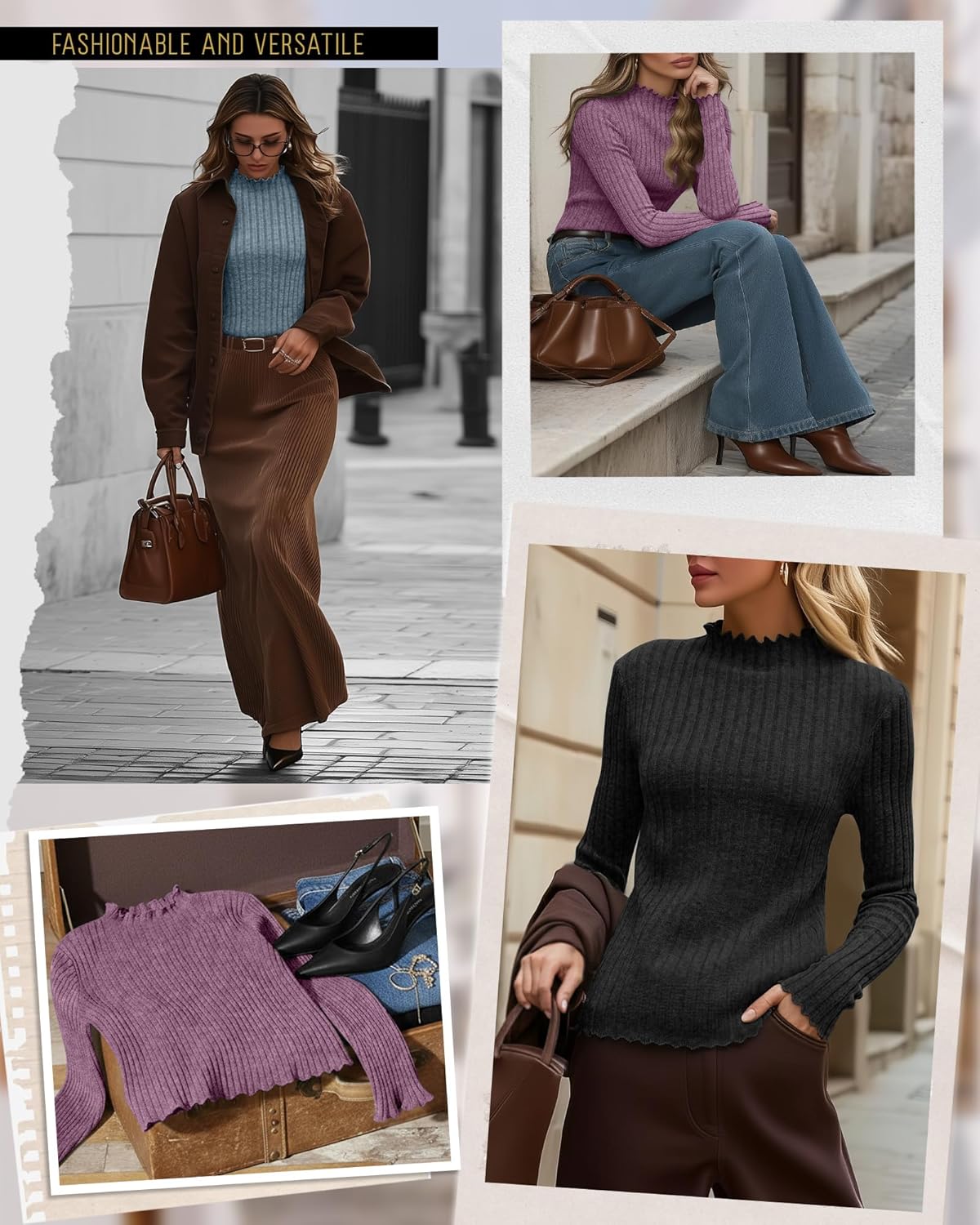 3 Pack Women's Mock Neck Sweater Long Sleeve Ribbed Knit Slim Fitted Tops Lettuce Trim Lightweight Pullover Sweater - Image 4