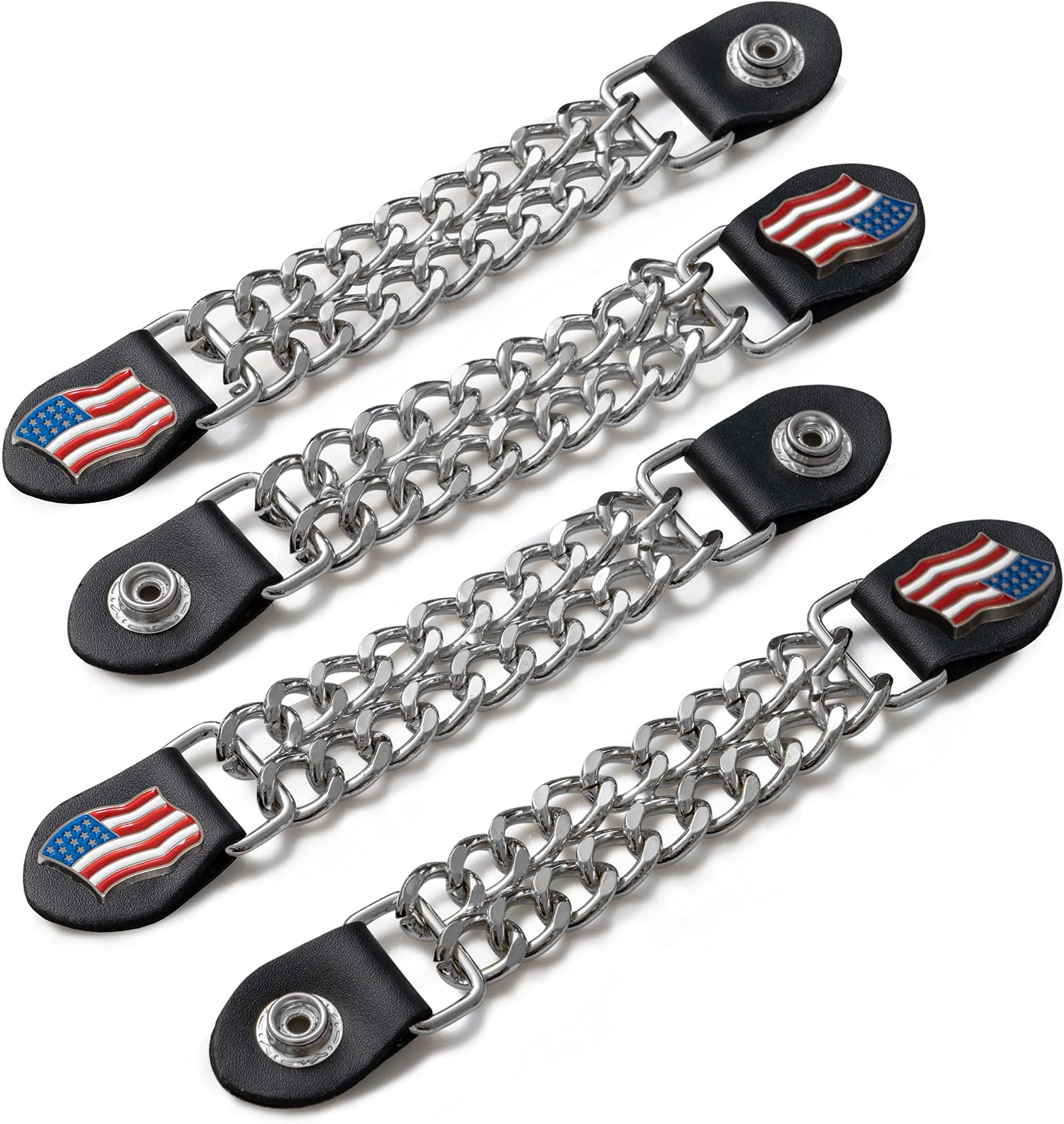 Diamond Plate 4-Piece Vest Extender Set - Chrome Finish Chains, Faux Leather Ends, Nickel Button with USA Flag Medallion - 6.5 Inch