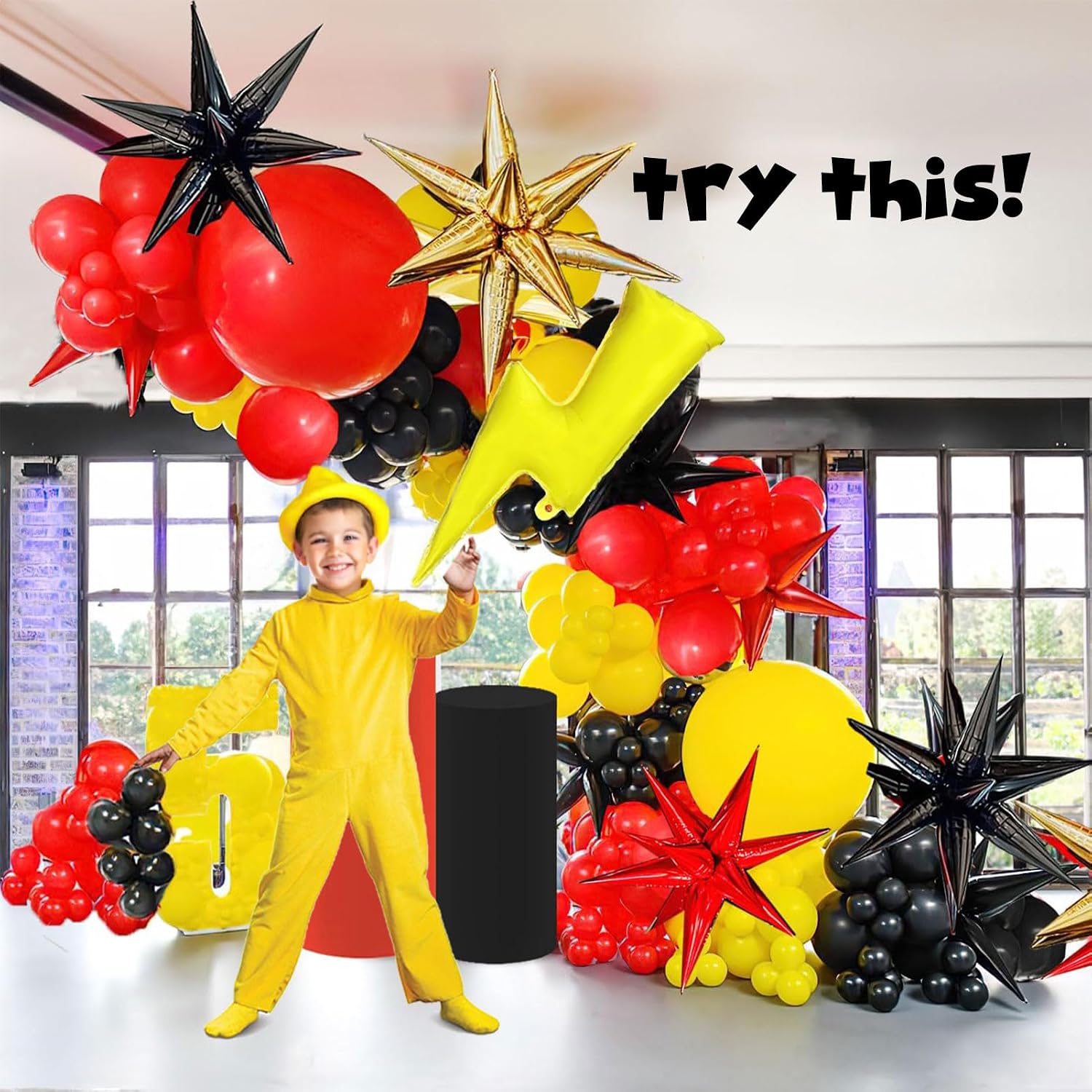 154Pcs Monster Catcher Balloon Arch Kit - Red Yellow Black Party Decorations with Lightning Bolt & Star Foil Balloons - for Boys Fire Power Super Hero Racing car Theme Party Supplies image 2