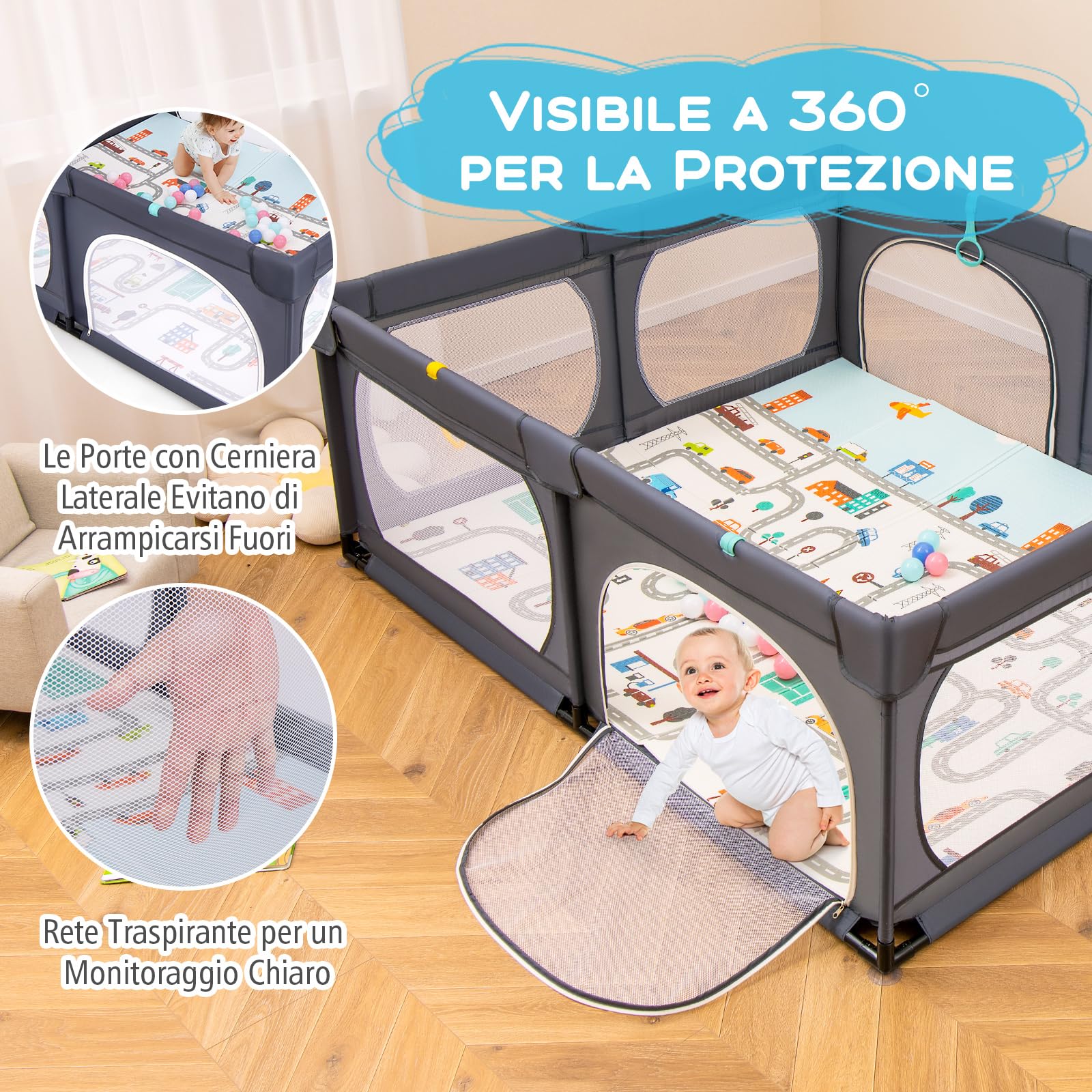 RELAX4LIFE Recinto Bambini 189 x 158 cm con Base a Ventosa, Materassino Pieghevole, Box Giochi, 4 Anelli e 50 Palline, 2 Entrate Laterali, Tasca Portaoggetti e Borsa Trasporto, Rete Traspirante
