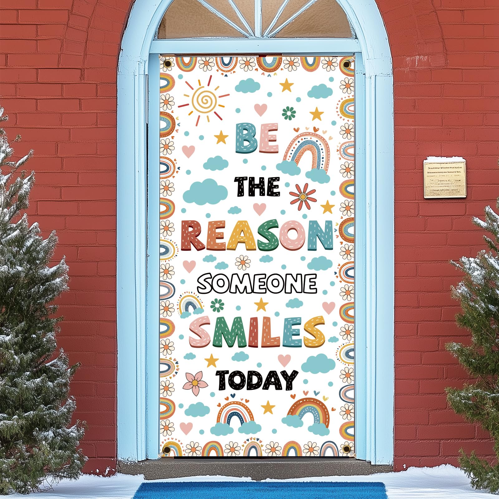 arricraft Boho Rainbow Classroom Door Cover, Be The Reason Someone Smiles Today Welcome Theme Banner Colorful Polyester Door Backdrops for Kindergarten Middle Preschool School Classroom Decoration