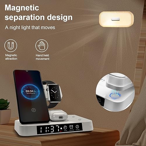 Miniatura 2 de Cargador inalámbrico, estación de carga inalámbrica 4 en 1 con reloj despertador digital, luz nocturna, cargador rápido de 20 W para AirPods Watch