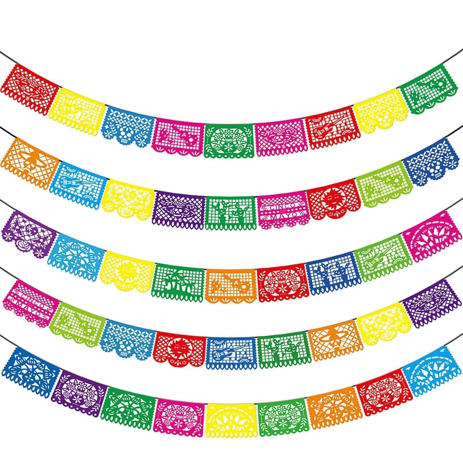 Mexican Party Banners - 5 Pack Fiesta Mexican Party Dia De Los Muertos Day of the Dead Halloween Decoration Cino de Mayo Mexicano Fiesta Party Supplies Plastic Papel Picado Banner -90 Ft with 5 Design