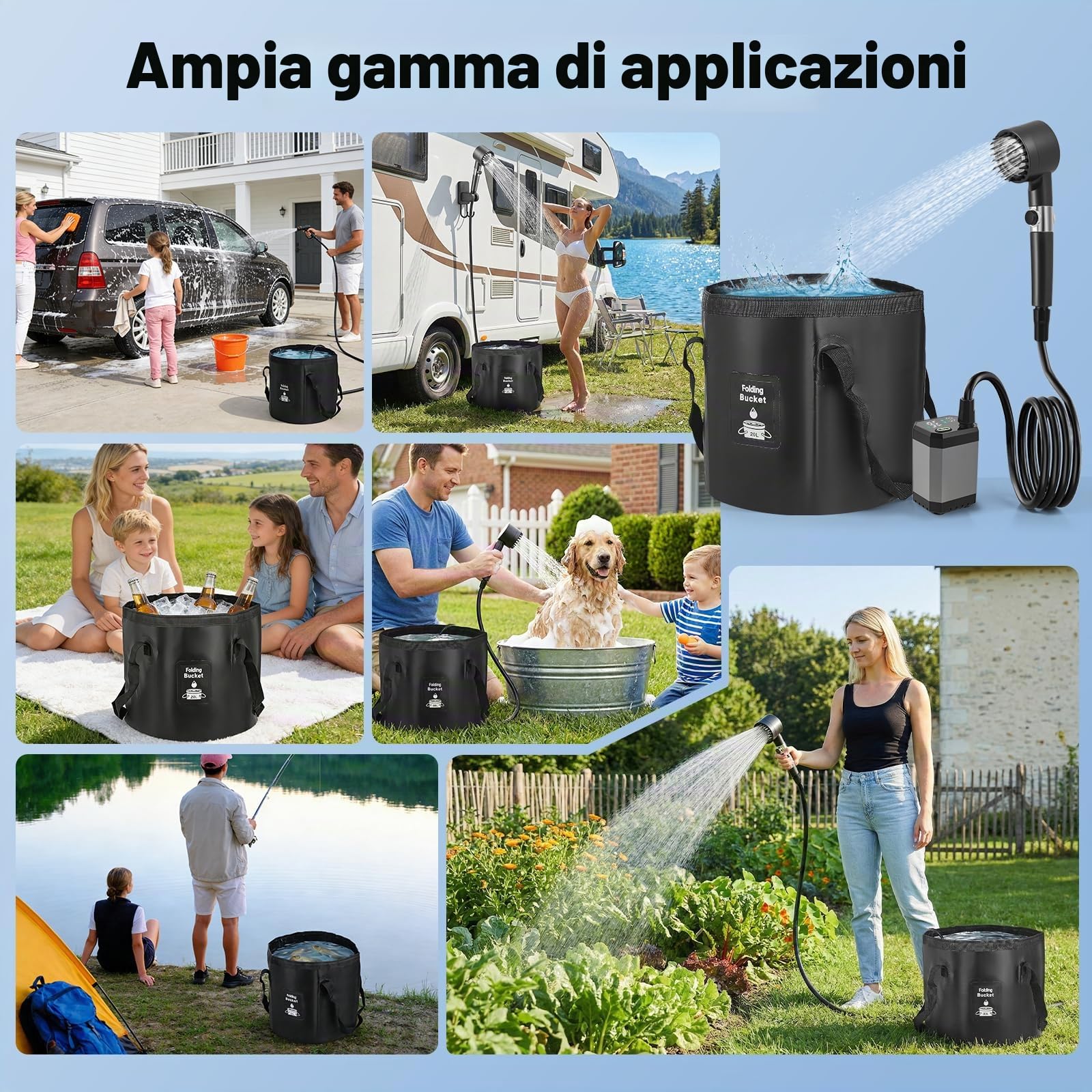 Doccia Da Campeggio, Con Secchio Pieghevole 20L, 8000 Mah Doccia Ricaricabile Portatile, Impermeabile Ipx7, Con Display Digitale Intelligente Per Spiaggia Giardino Lavaggio Auto