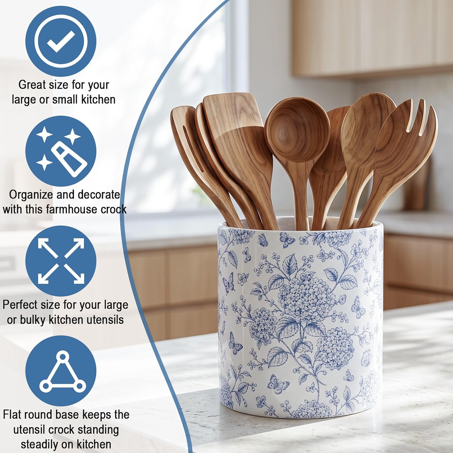 Blue Floral Ceramic Utensil Holder Chinoiserie Kitchen Counter Decor