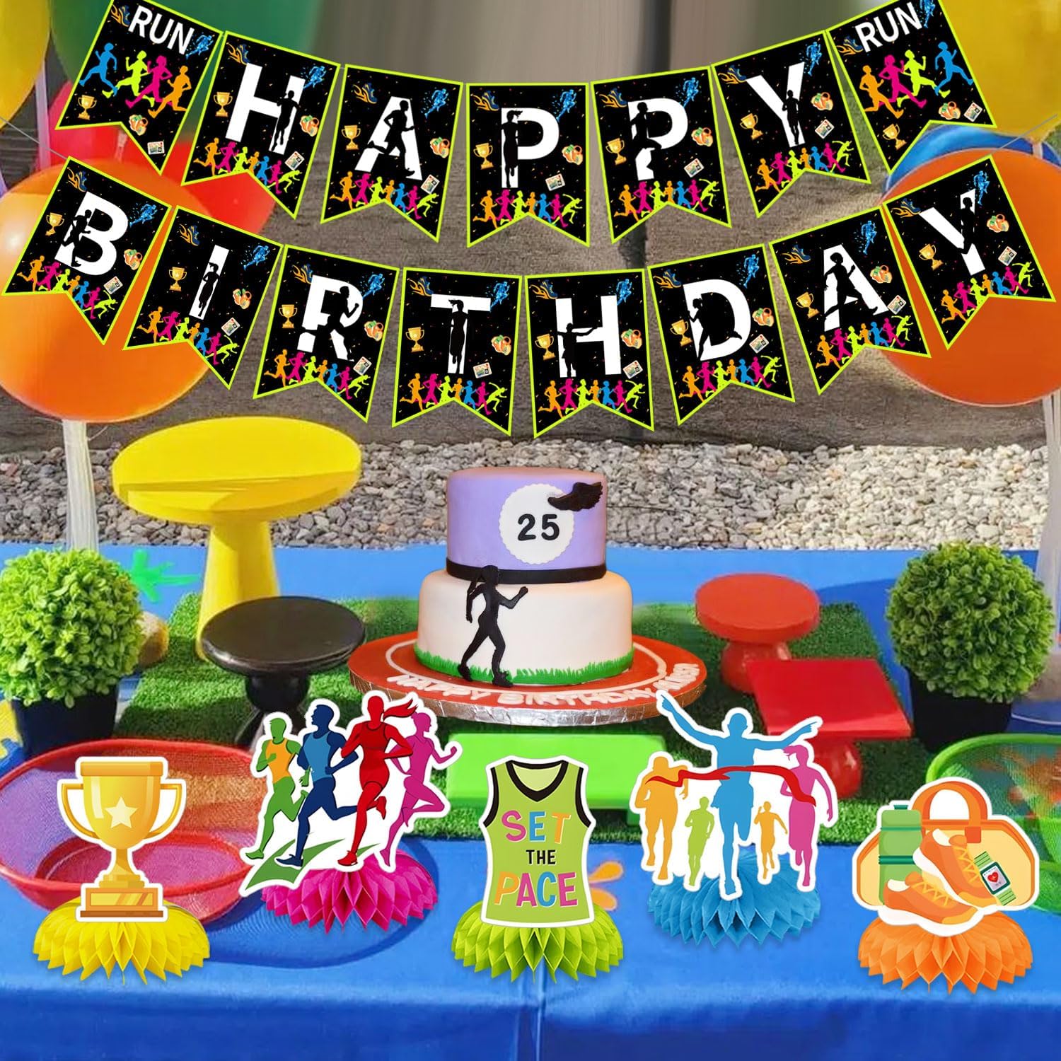 Running Party Decorations Sports Fitness Birthday Party Decor Supplies Includes Happy Birthday Banner Running Hanging Swirls Honeycomb Centerpiece