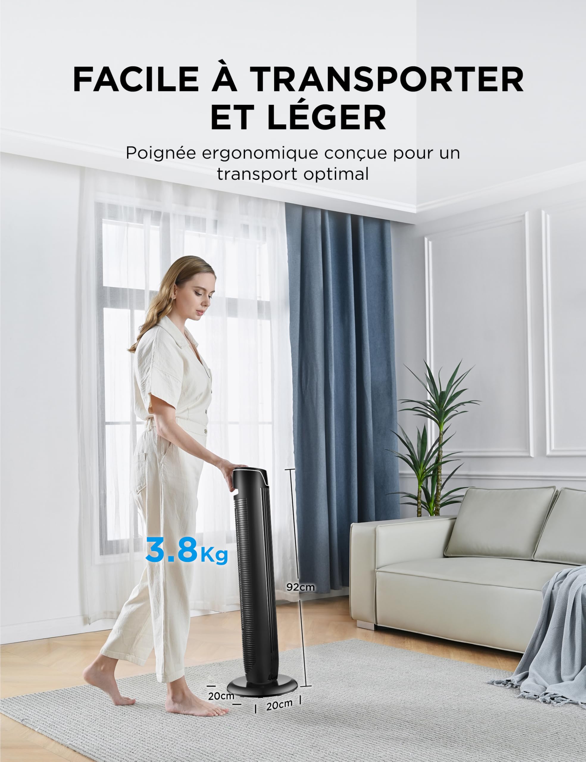 Midea Ventilateurs colonne avec Télécommande, Oscillation Silencieuse, Ventilateur Puissant, Affichage LED, 3 Modes, Minuterie 7 Heures, Design Intemporel et Élégant,FZ10-17JR
