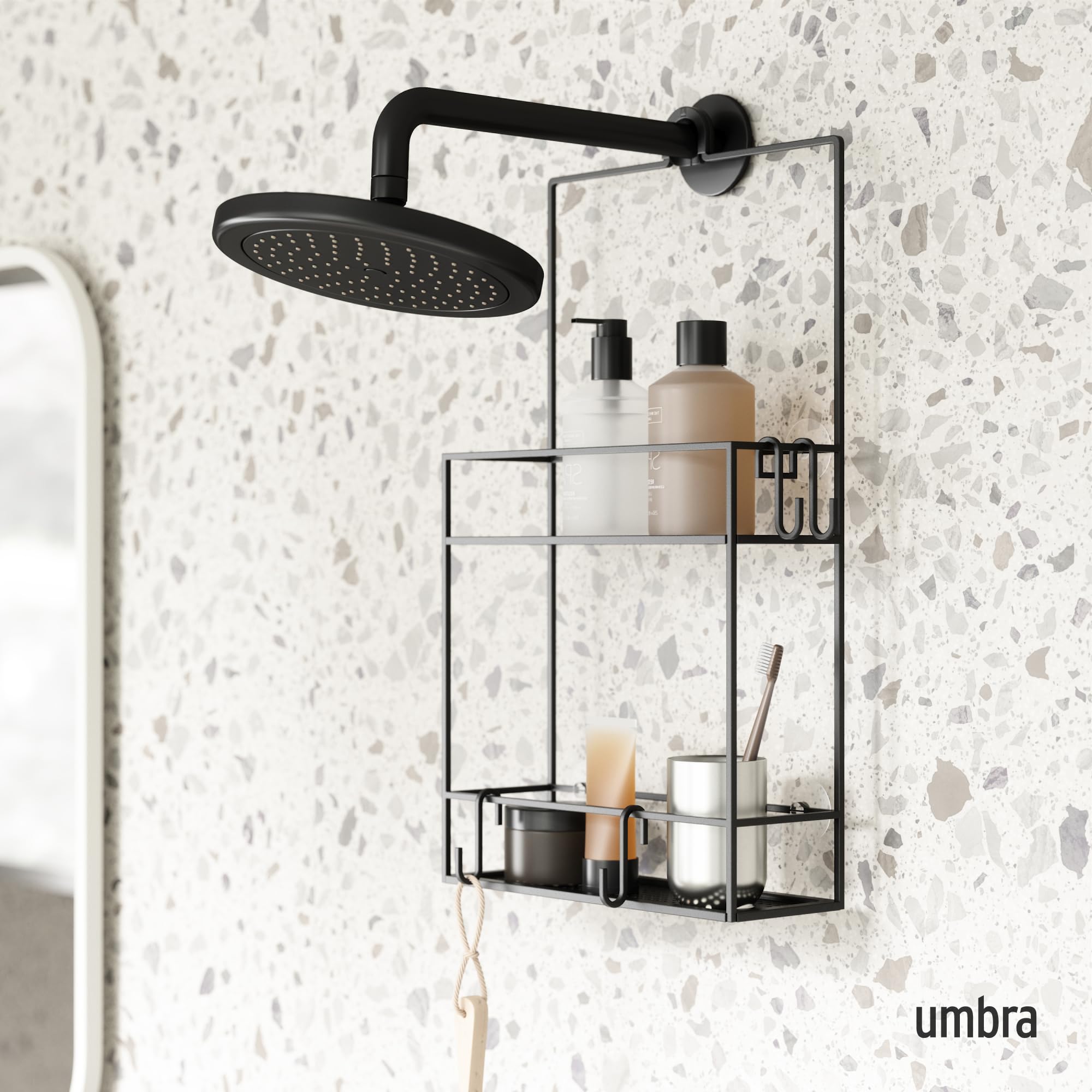 Umbra Cubiko Duschablage, Schwarz | Über dem Duschkopf oder Tür, integrierte Ablauflöcher, S-Haken für Rasierer und Schwamm, 2 Ablagefächer