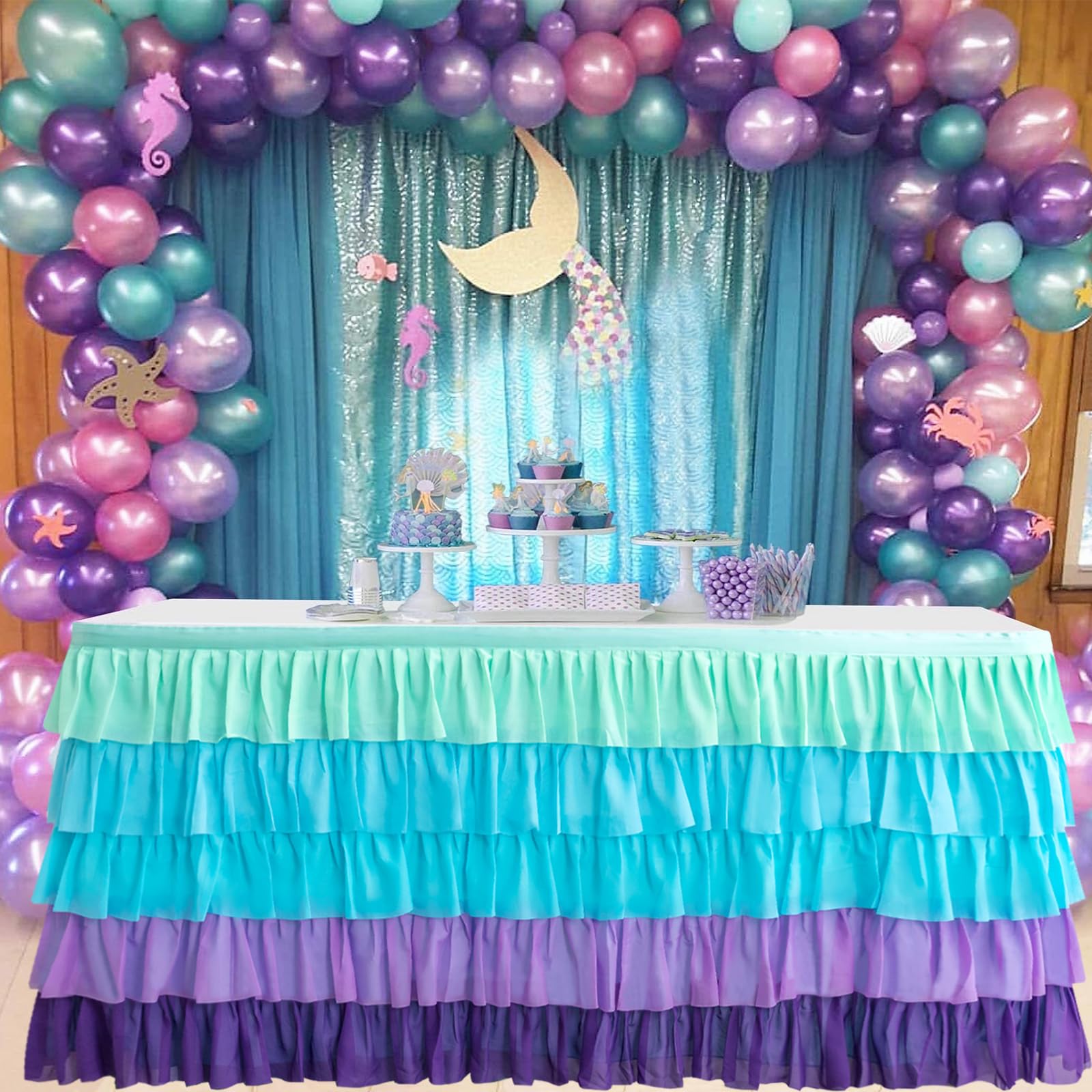 Pufogu Meerjungfrau-Tüll-Tischrock, 4,3 m, Tutu, gerüscht, Chiffon-Tischdecke für Hochzeit, Babyparty, Mädchen, Geburtstagsparty und Kuchen-Dessert, Tischdekorationen (hellregenbogenfarben, L 36 cm, H