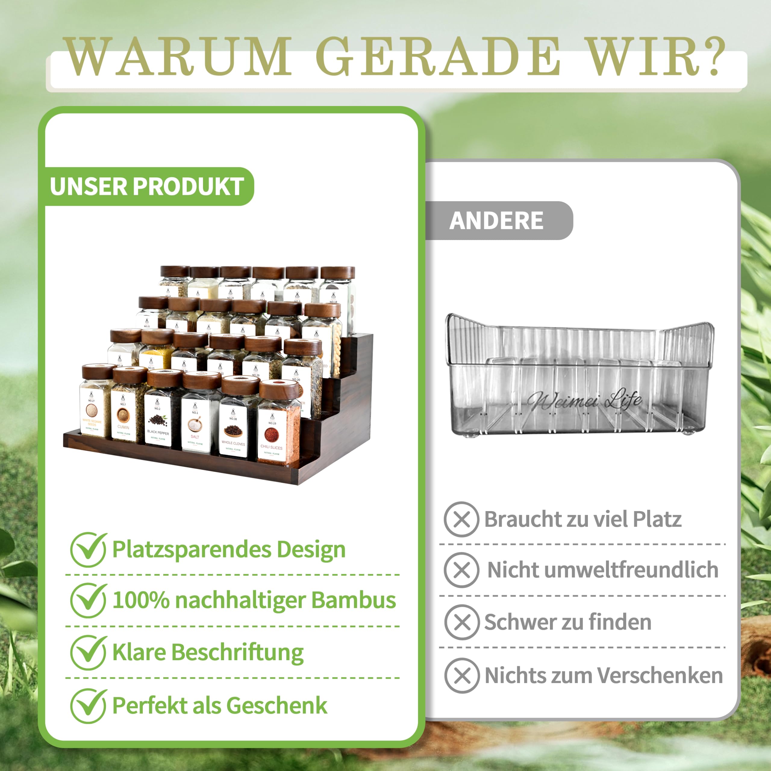 SAEIV Zestaw przypraw, 24 x 120 ml, 2 w 1, drewno akacjowe, FCM®, szklane słoiki na przyprawy, prostokątne, szklane słoiki na przyprawy, organizer, pojemniki na przyprawy, pojemniki na przyprawy