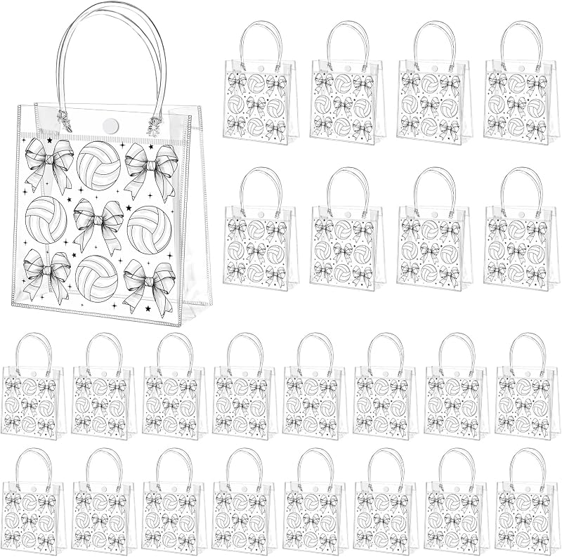 24 Pcs Clear Volleyball Gift Bags with Handle Volleyball Treat Candy Goodie Bags Sports Theme Party Favor for Team Snack Birthday Supplies, 8 x 8 x 3.15''