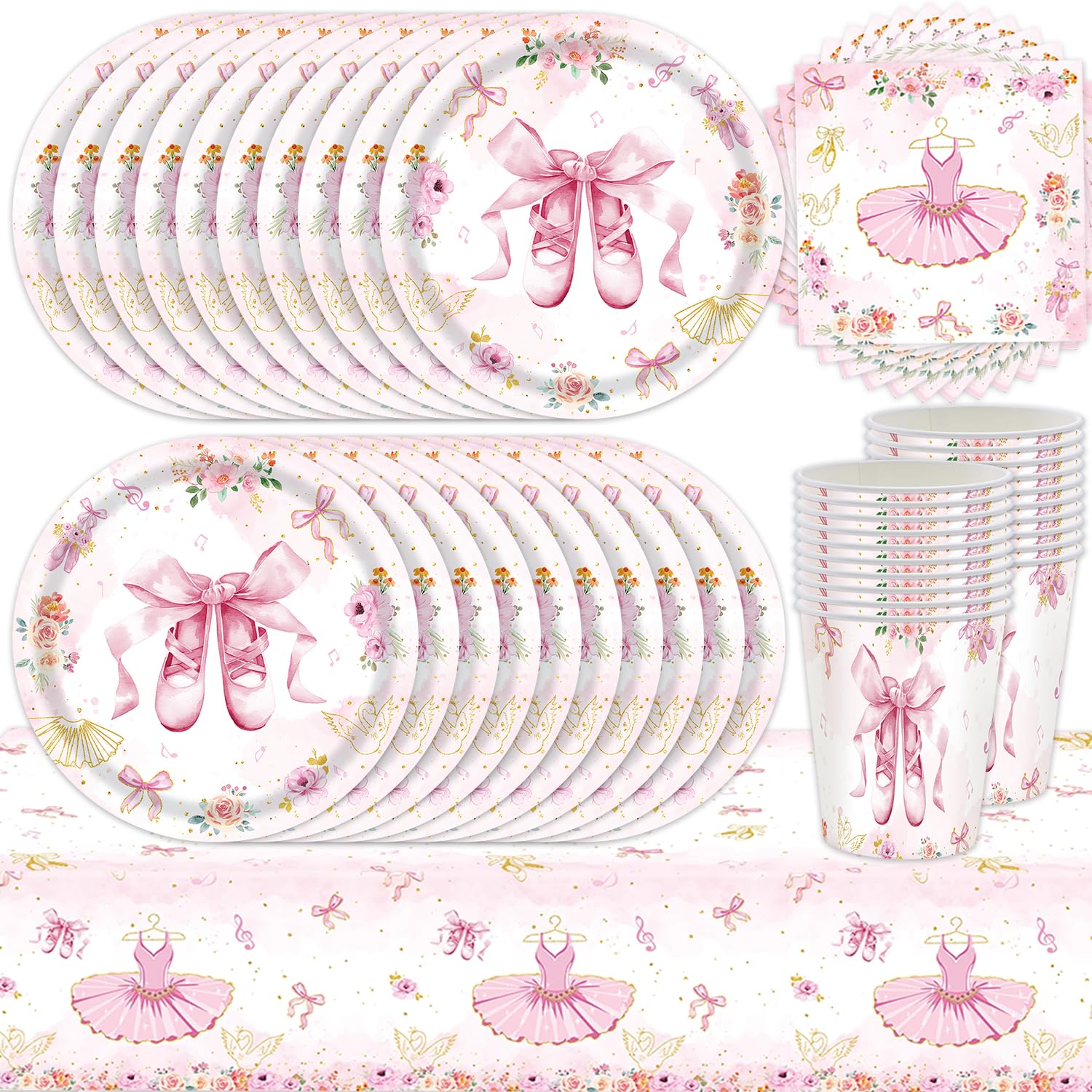61Pcs Ballet Pair Tableware Set, Children's Birthday Party Decorations Supplies, Ballet Theme Birthday Decorations, Girl's Tableware Includes Plates Cups Paper Towels Tablecloth (20 Guests)