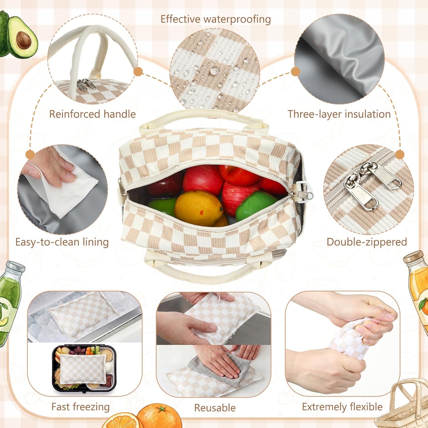 Lunch Bag for Women Insulated Lunch Box with 2 Pcs Long-lasting Ice Packs Cute Corduroy Lunchbox Reusable Large Cooler Tote Bags for Work Picnic Camping Office(Beige Brown Plaid)