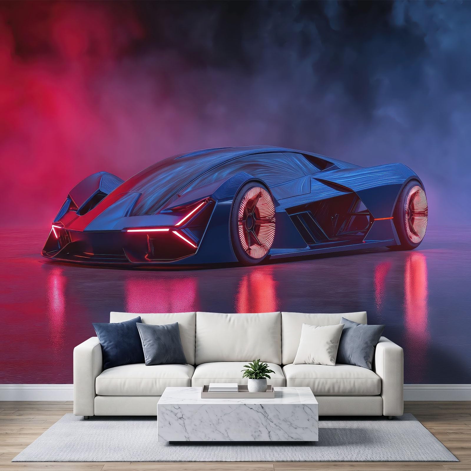 3D Digital Art Photo Wallpaper 150x105cm, Non-Woven Premium Art Print Mural Wallpaper, Futuristic Concept Car Cool Neon Rims Gaming Theme Fleece Wall Mural Decoration Poster Picture
