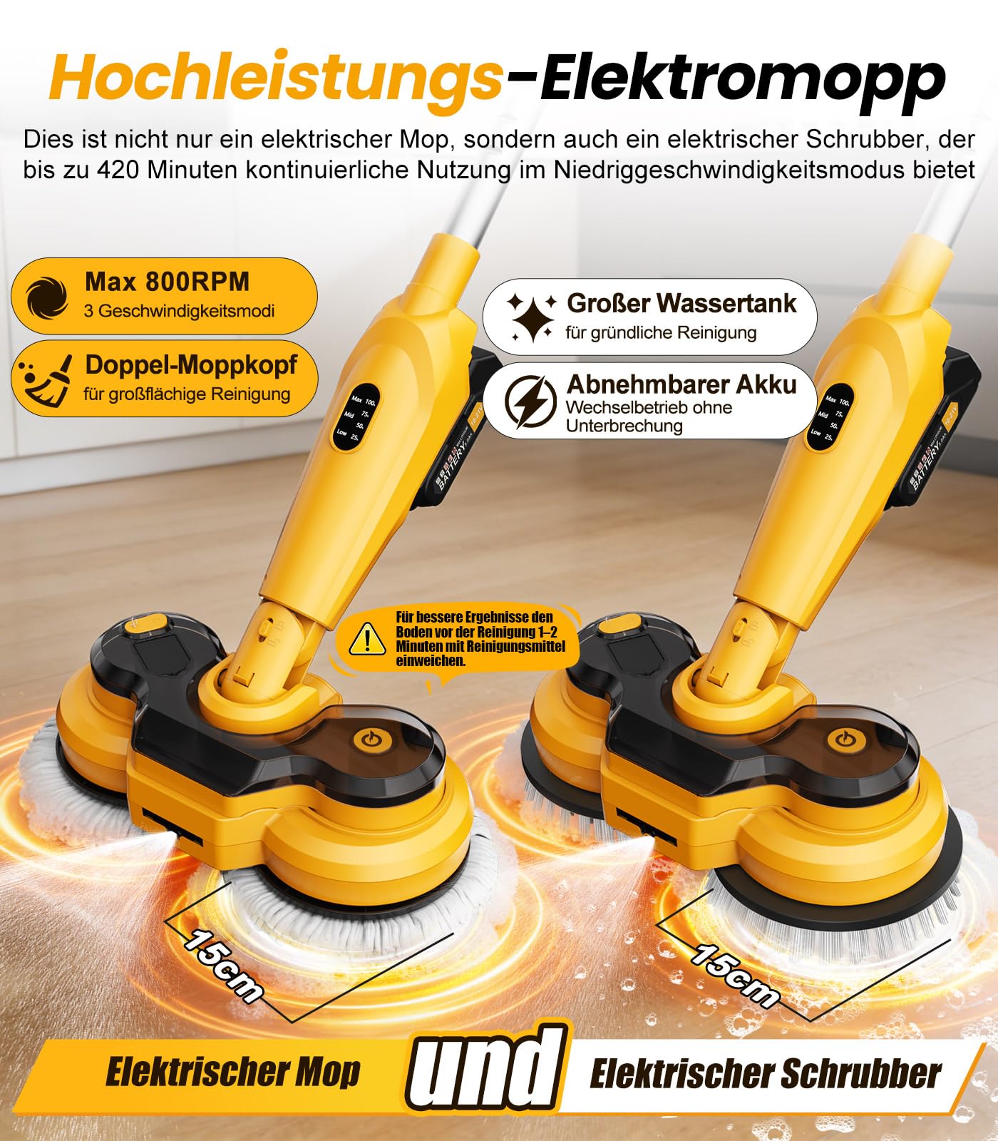 Qimedo Elektrischer Wischmopp, 6000mAh, 800 U/min, Kabellos Bodenreiniger für Bodenreinigung Bodenwischer Elektrisch mit Smart-Display, Wischmopp mit LED-Licht und Wassersprühfunktion