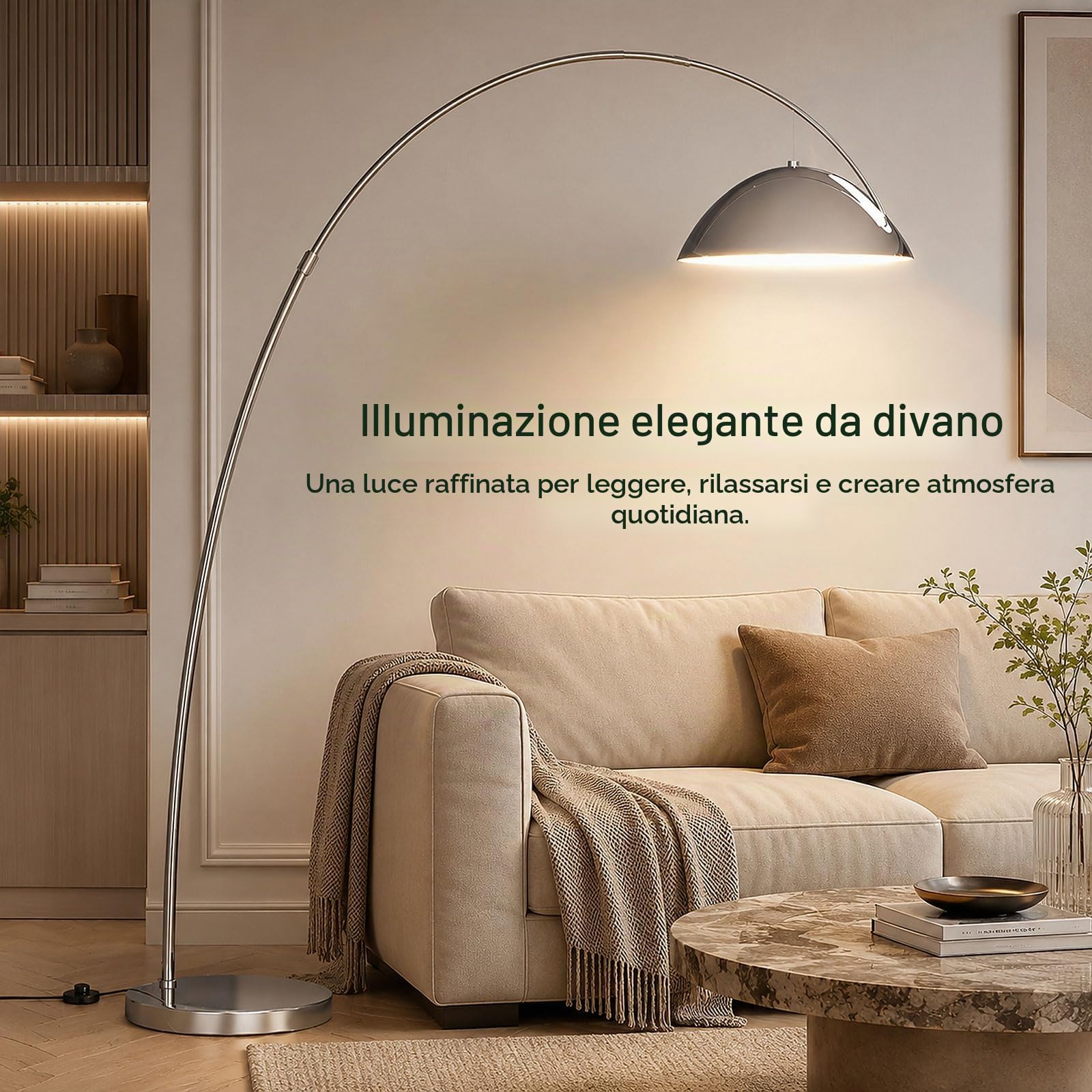 Lampada da terra ad arco per soggiorno, lampada da terra regolabile in altezza, lampada da terra in metallo nero lucidato, lampada da lettura alta e moderna con base in marmo
