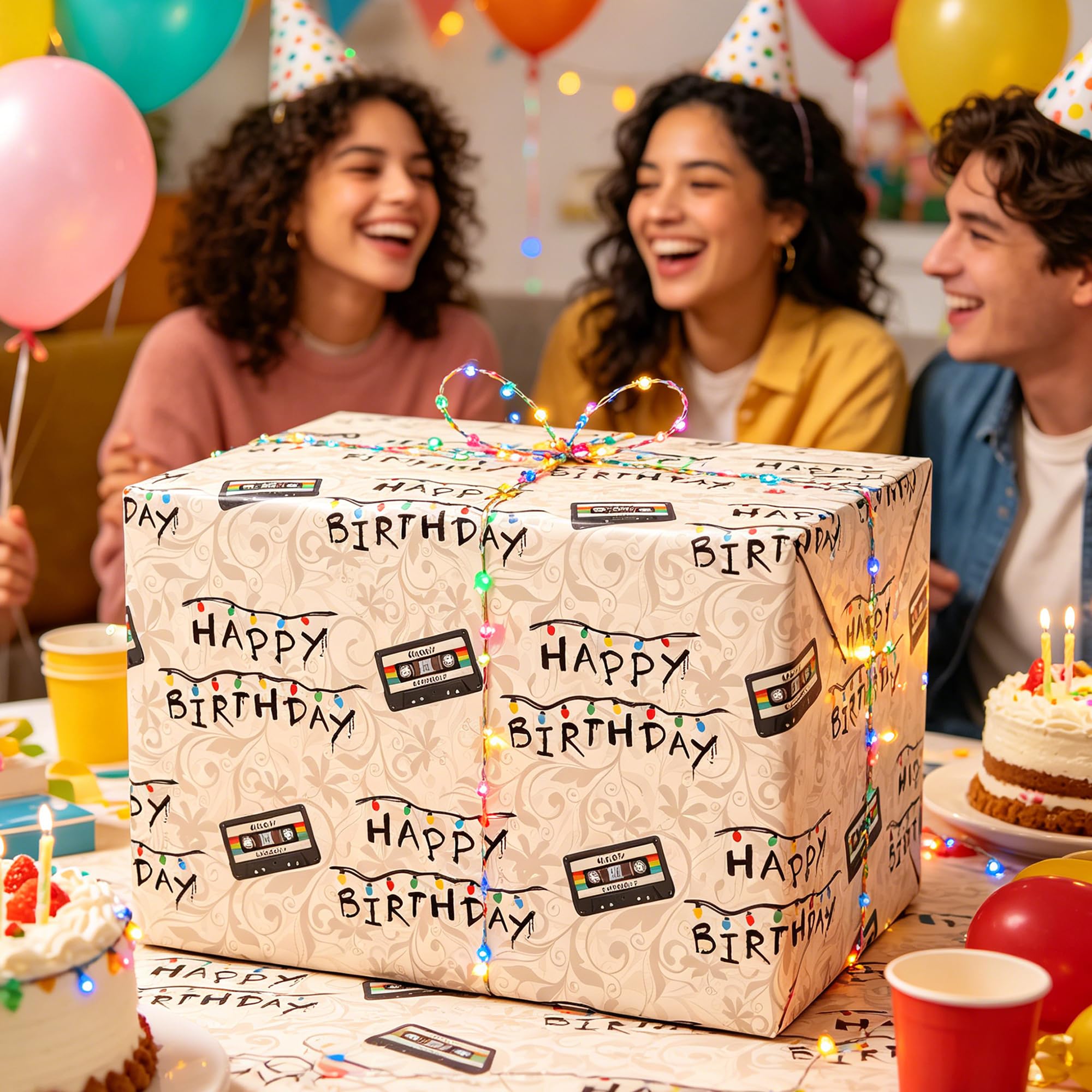 lopmou Urodzinowa rolka papieru do pakowania dla mężczyzn, kobiet, dzieci, vintage, neonowa taśma kasetowa, z napisem "Happy Birthday", opakowanie prezentowe (łącznie 28,5 m2)