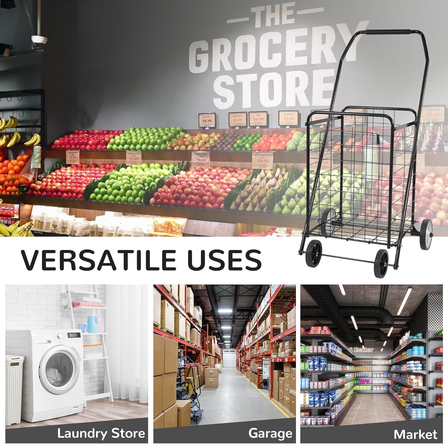Elevon Foldable Shopping Cart used in various scenarios: laundry room, garage, and market