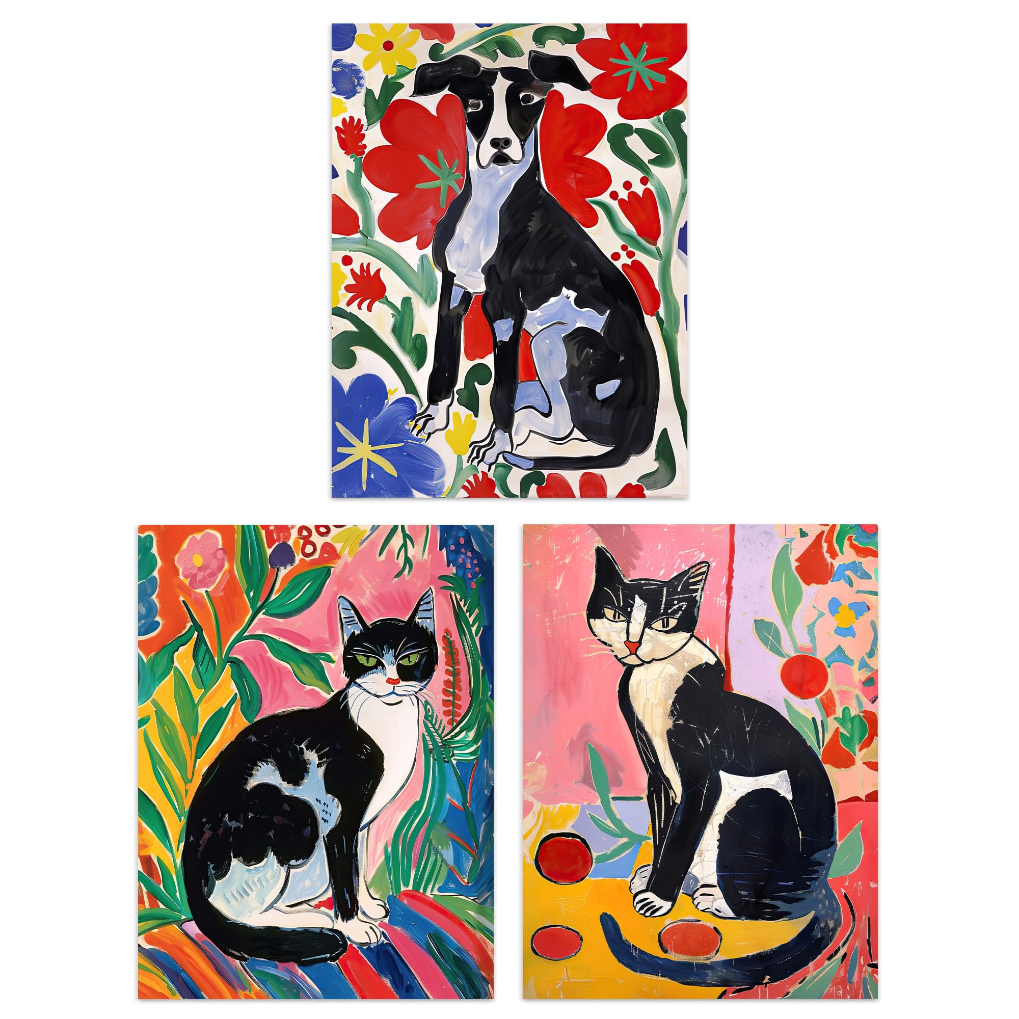 Set of 3 Cat Dog Lover Matisse Style Paintings 12X16"" Wall Art Prints