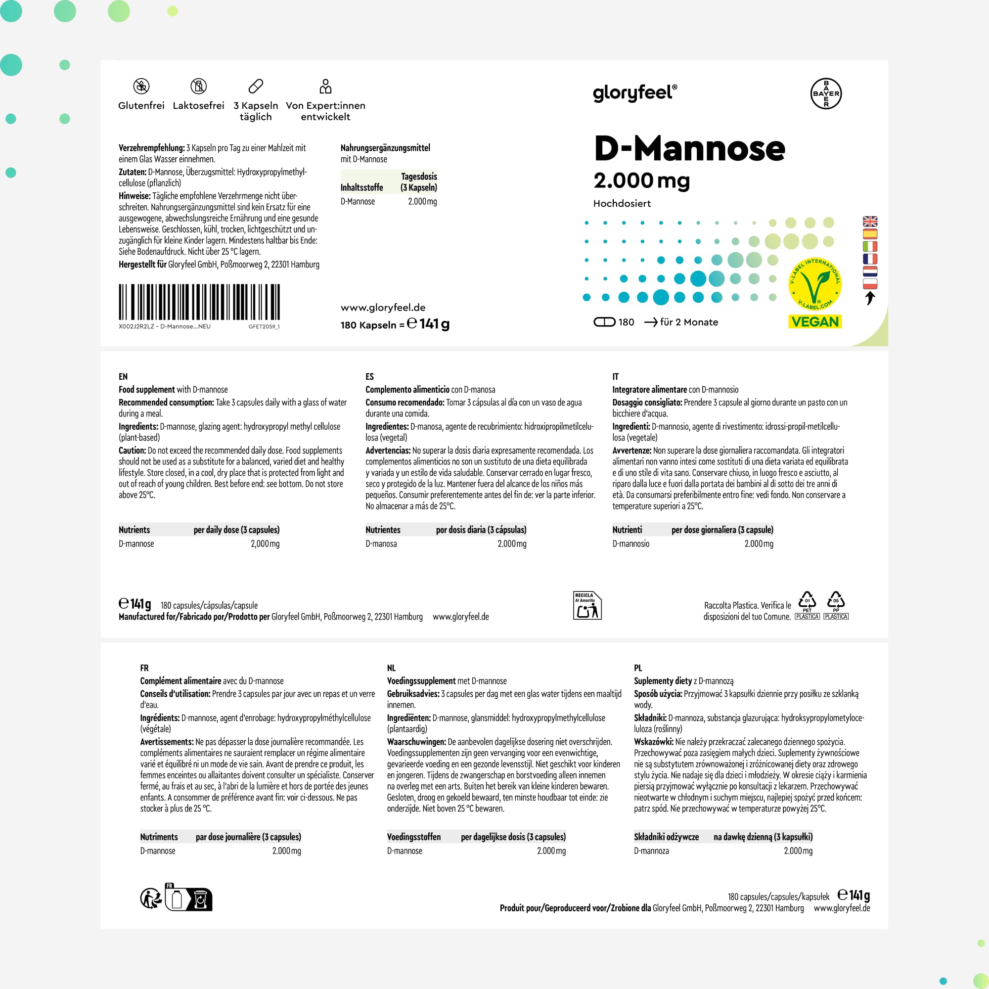 D-Mannose Pur 2000mg par Dose Quotidienne, 180 Capsules, 100% Végétalien et Naturel, Hautement Biodisponible, Sans Arômes ni Additifs, Testé en Laboratoire