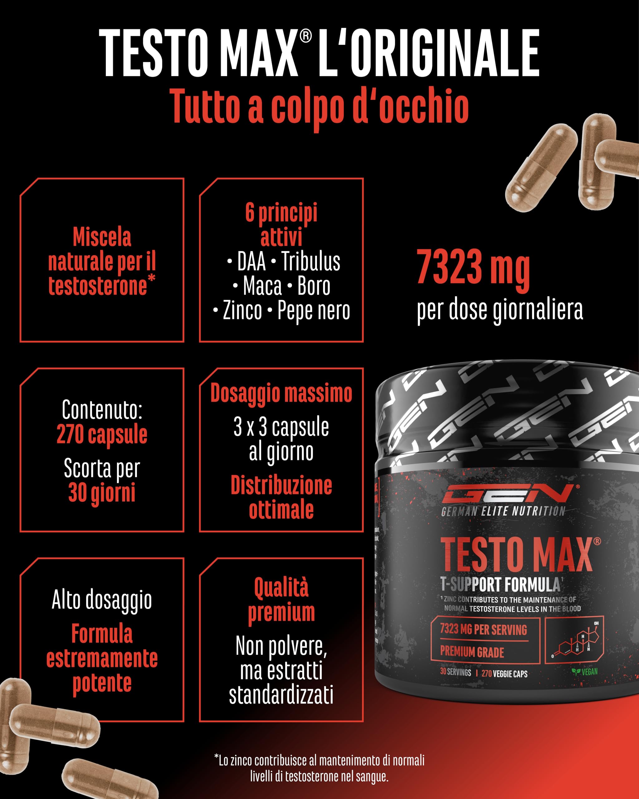 Testo MAX® - 270 Capsule - Extra Alto Dosaggio con 7323 mg per Dose Giornaliera - con Acido D-Aspartico - Tribulus - Estratto di Maca - Boro - Zinco - Aminoacidi - Vegano